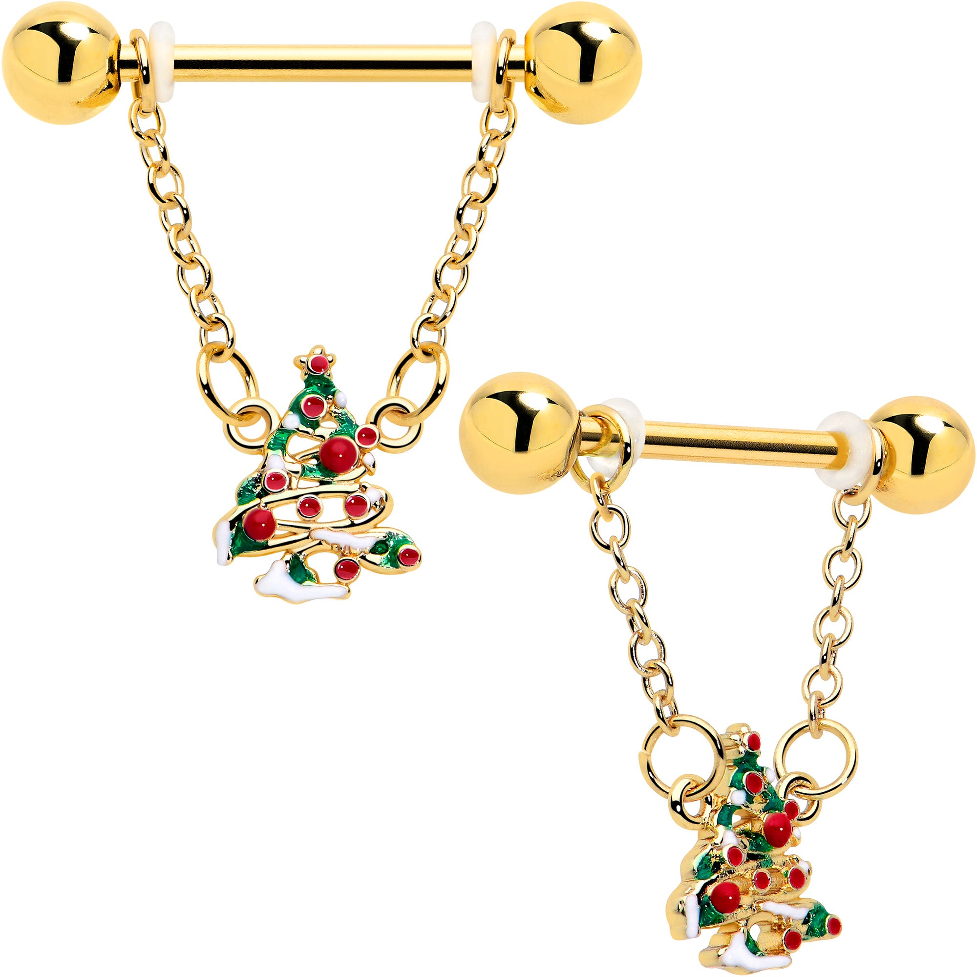 Red Gem Christmas Tree Nipple Ring Set Gold Tone Chain Dangle
