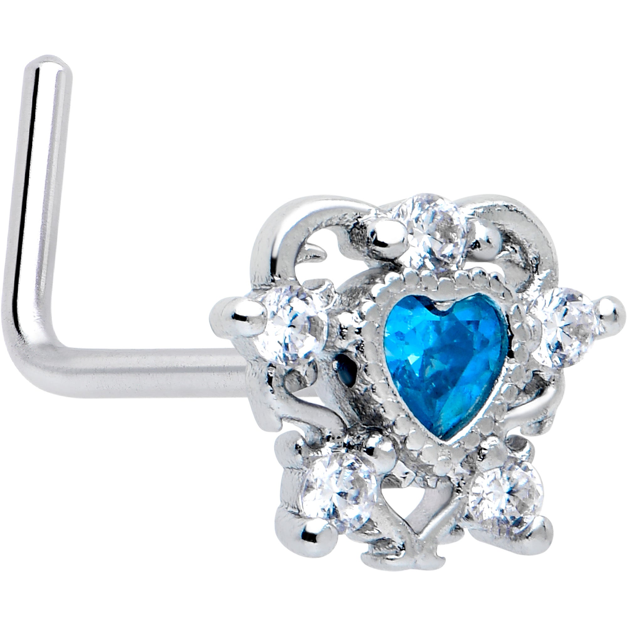 20 Gauge 7mm Blue Clear CZ Gem Heart L Shape Nose Ring Pair