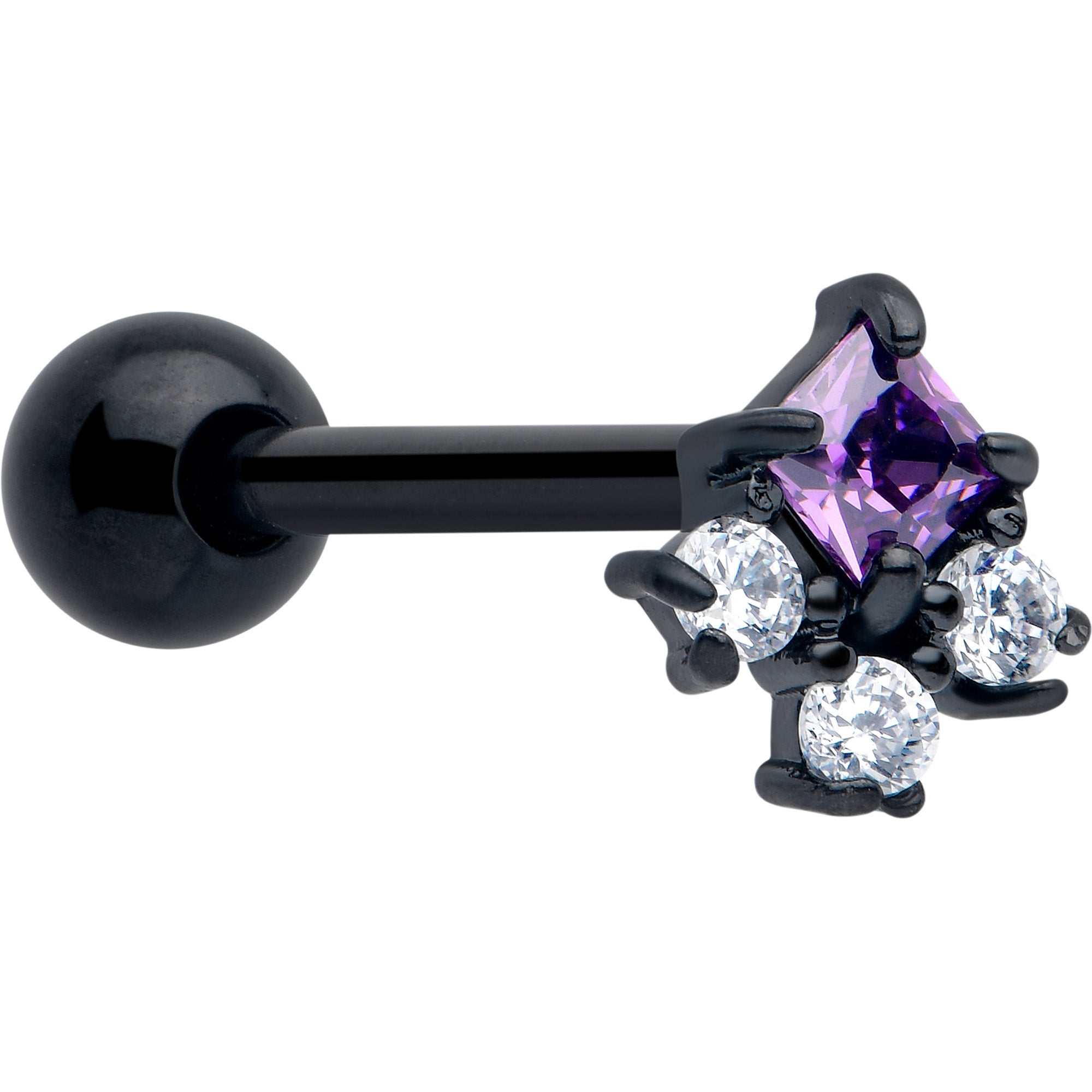 Purple CZ Gem Black Rhombus Barbell Tongue Ring