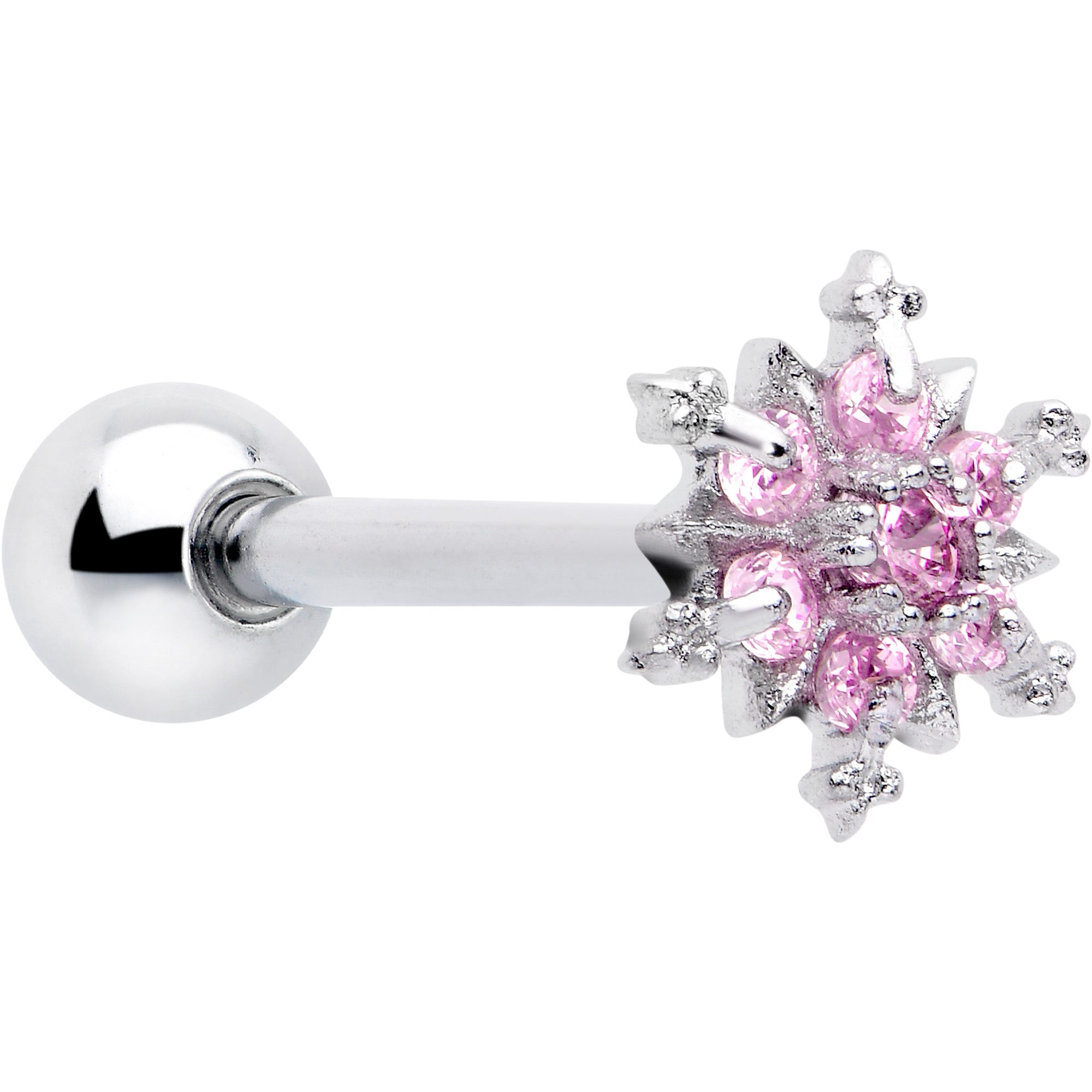 Pink CZ Gem Snowflake Glam Barbell Tongue Ring
