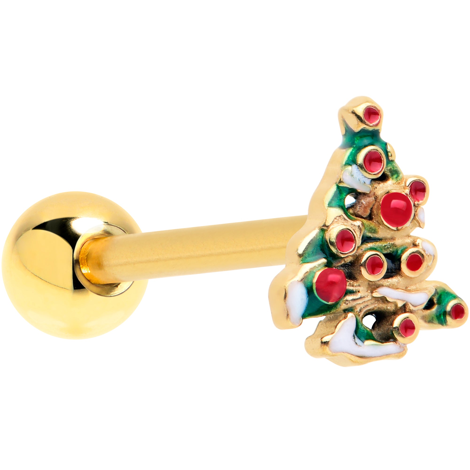 Gold Tone Snowy Christmas Tree Barbell Tongue Ring