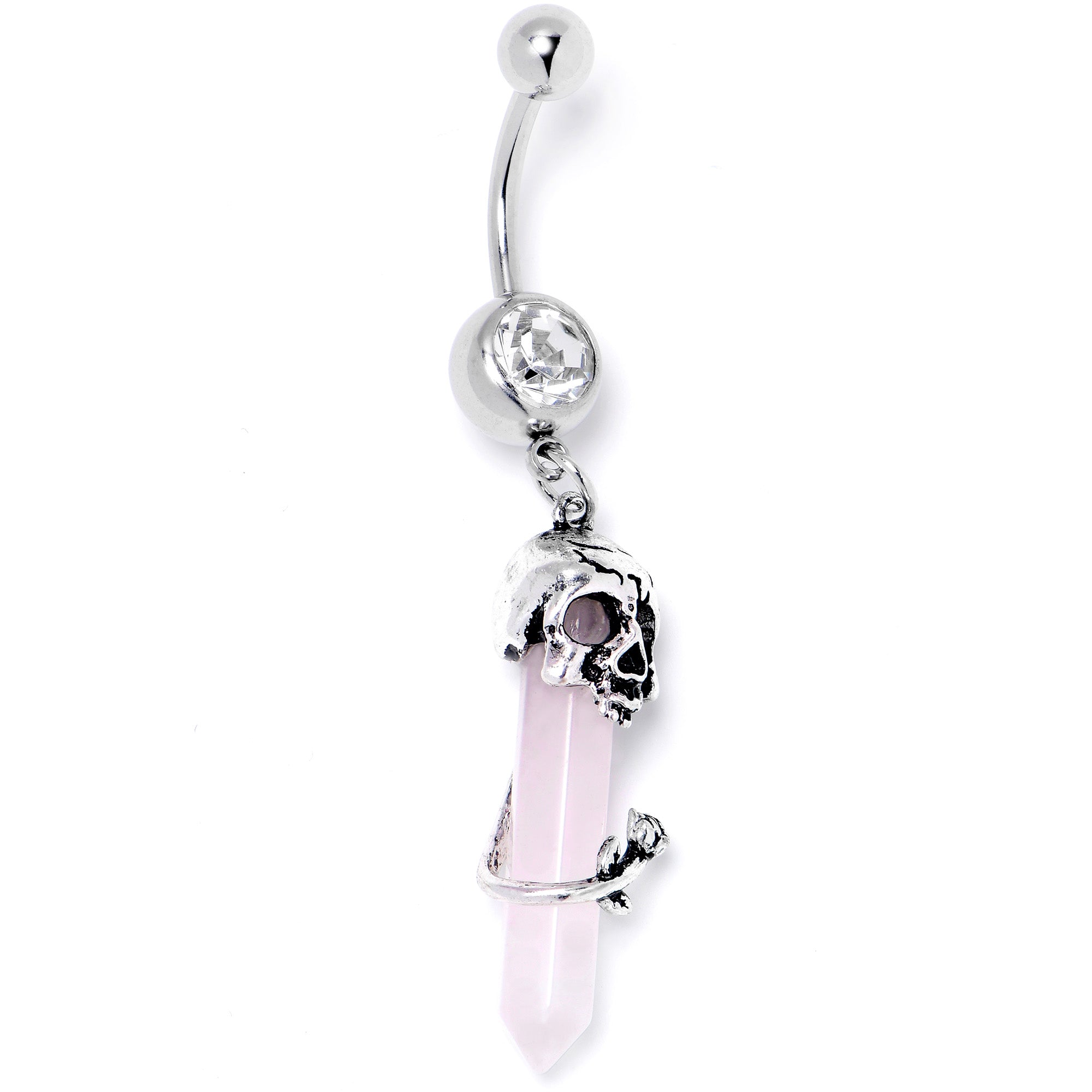 Pink Rose Quartz Skull Obelisk Rose Dangle Belly Ring