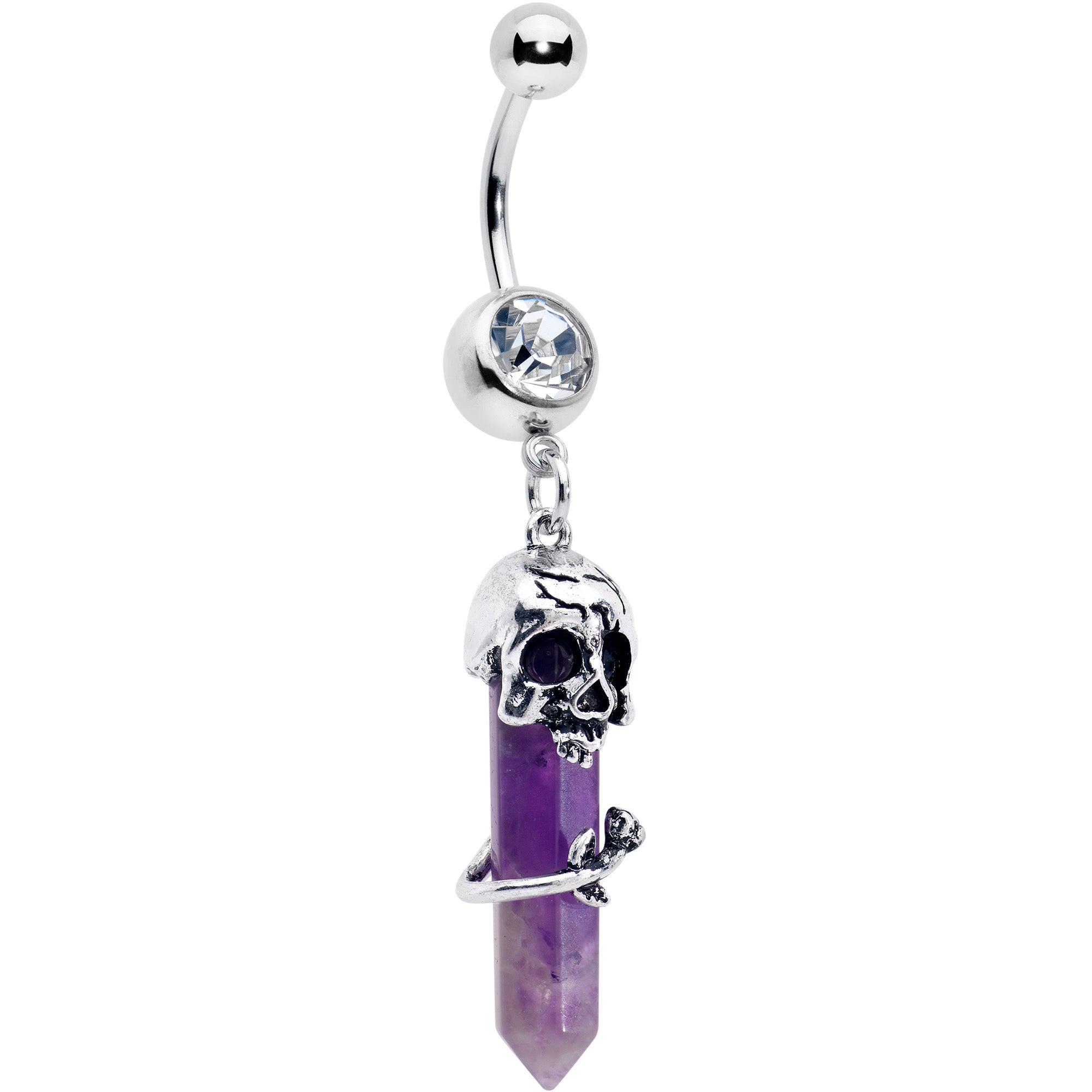 Purple Amethyst Skull Obelisk Rose Dangle Belly Ring
