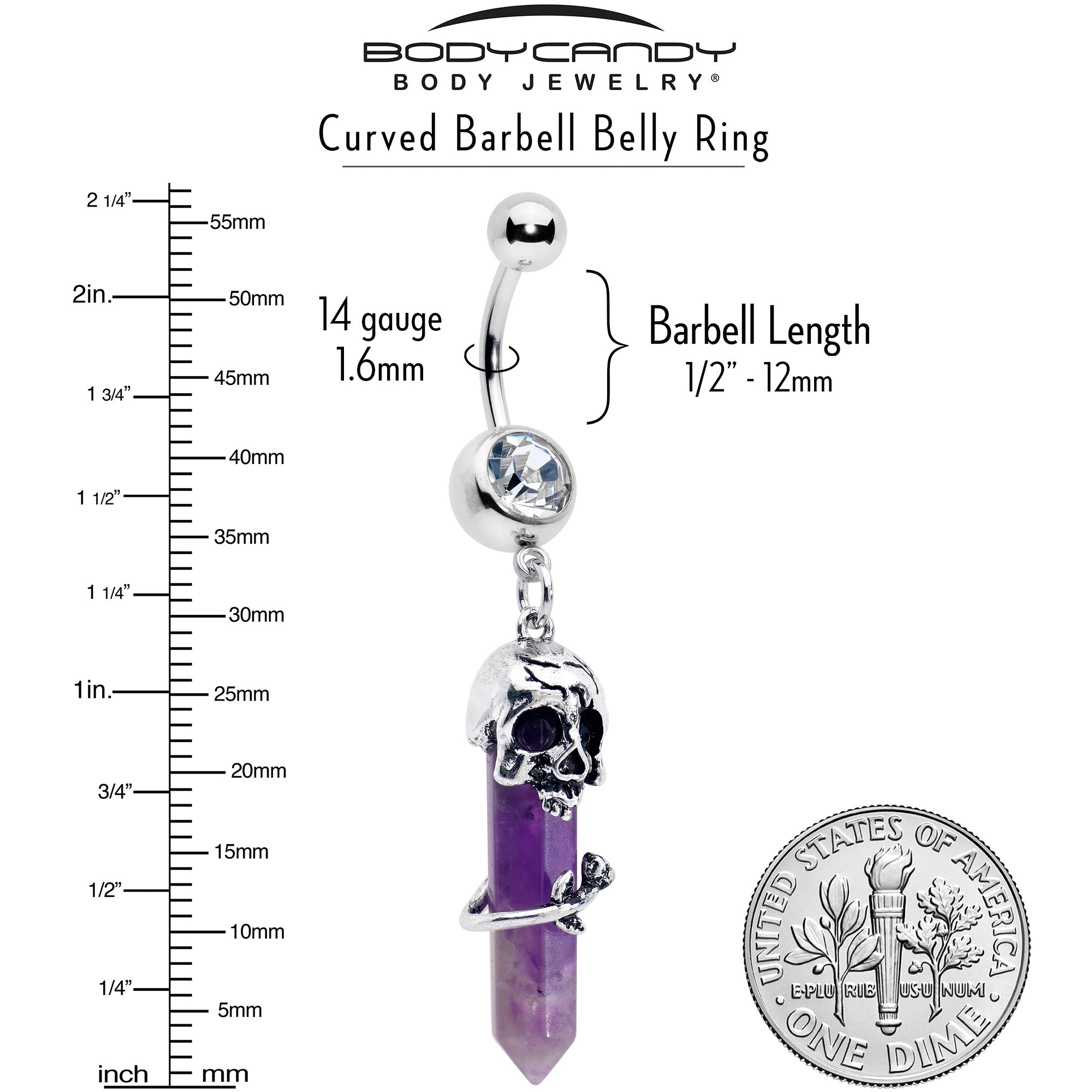 Purple Amethyst Skull Obelisk Rose Dangle Belly Ring