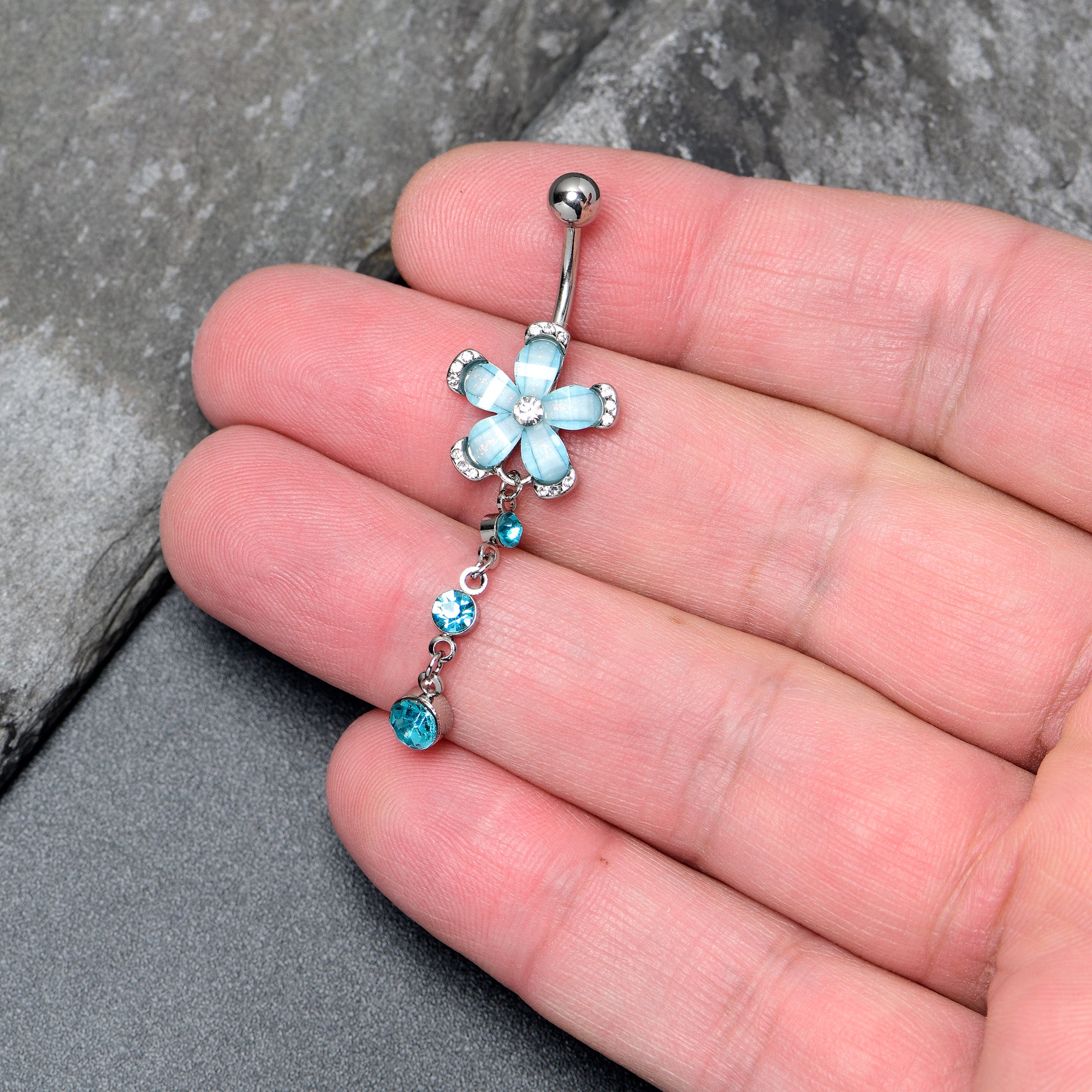 Blue Clear Gem Retro Flower Glamour Dangle Belly Ring