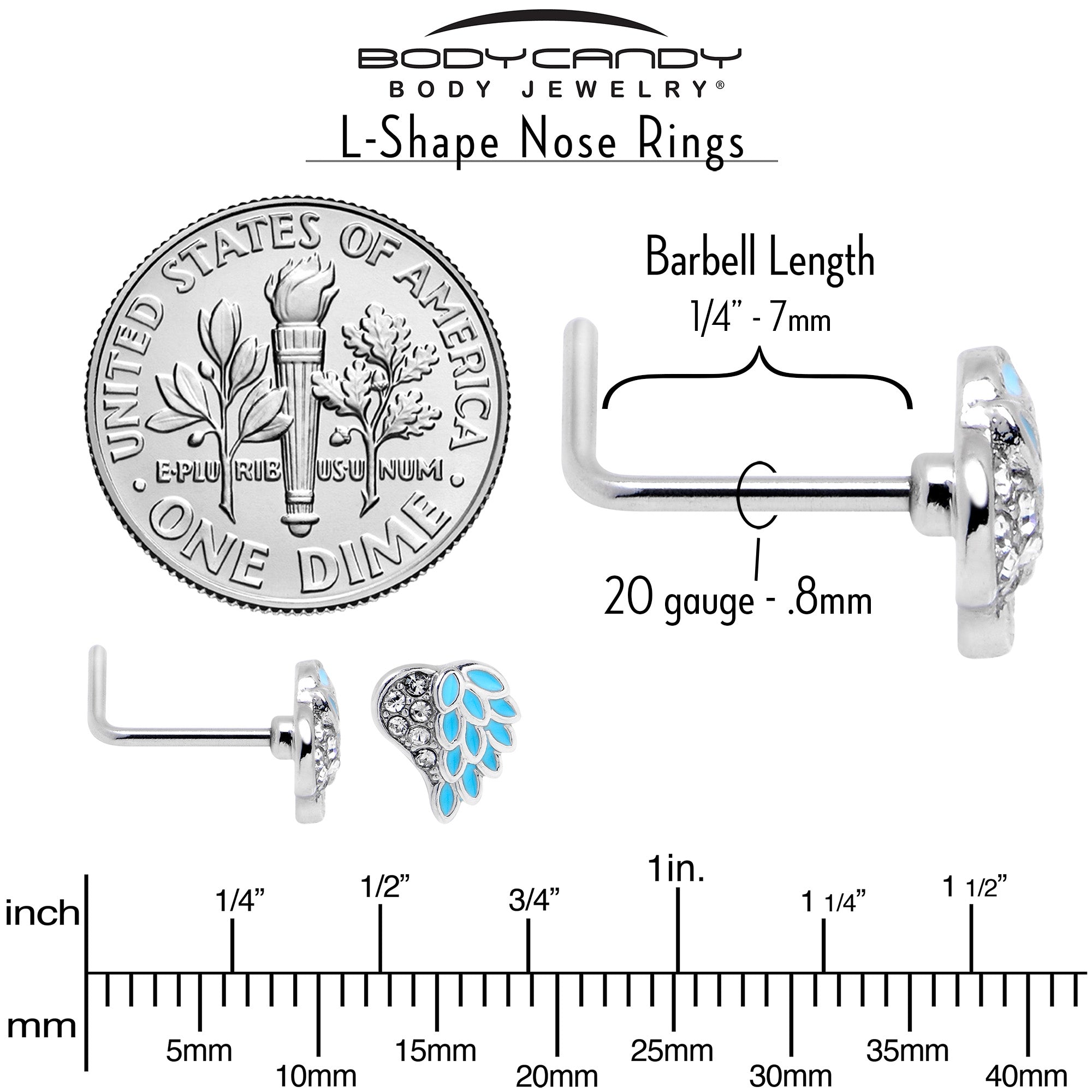 20G 7mm Clear Gem Heavenly Heart Angel Wing Blue L Shape Nose Ring