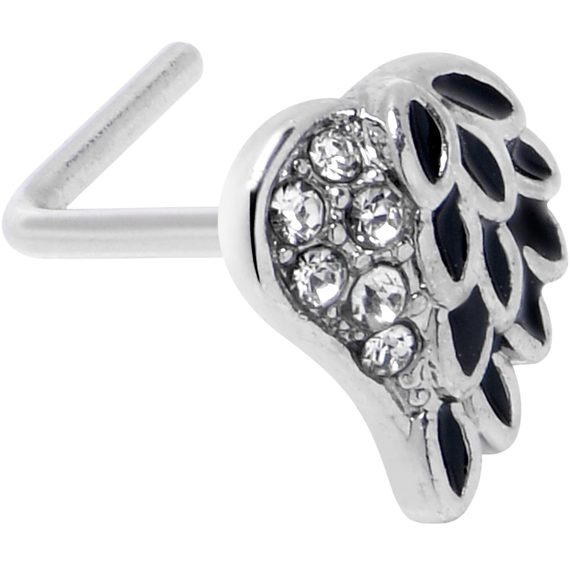 20G 7mm Clear Gem Heavenly Heart Angel Wing Black L Shape Nose Ring