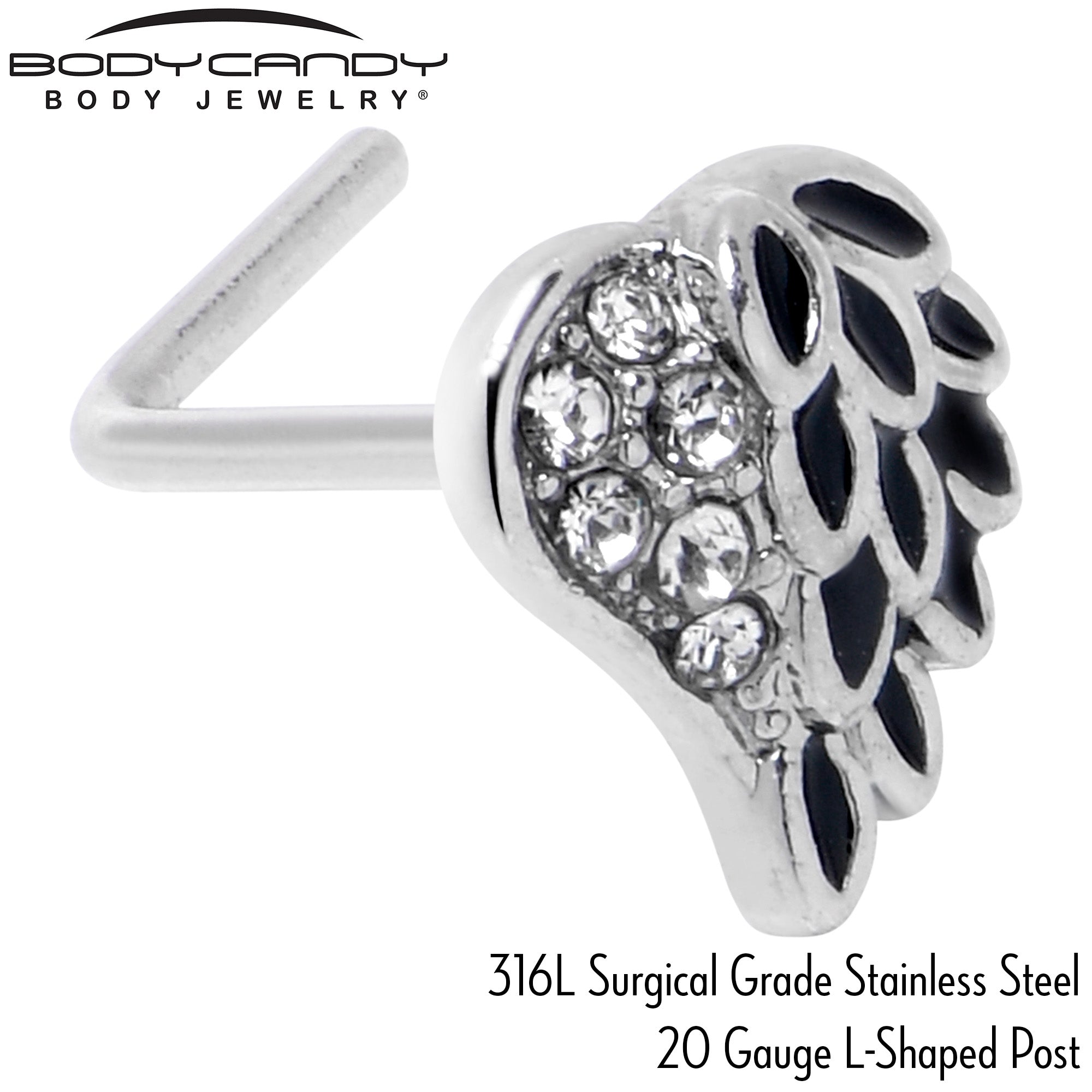 20G 7mm Clear Gem Heavenly Heart Angel Wing Black L Shape Nose Ring