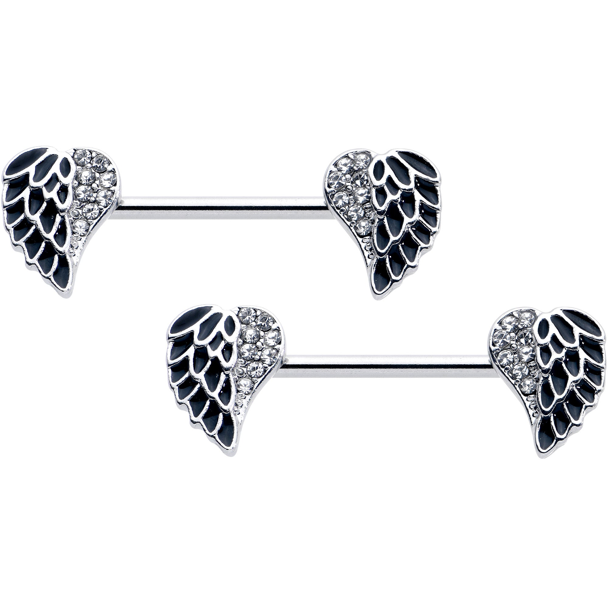 14G 9/16 Clear Gem Heavenly Heart Angel Wing Black Nipple Ring Set