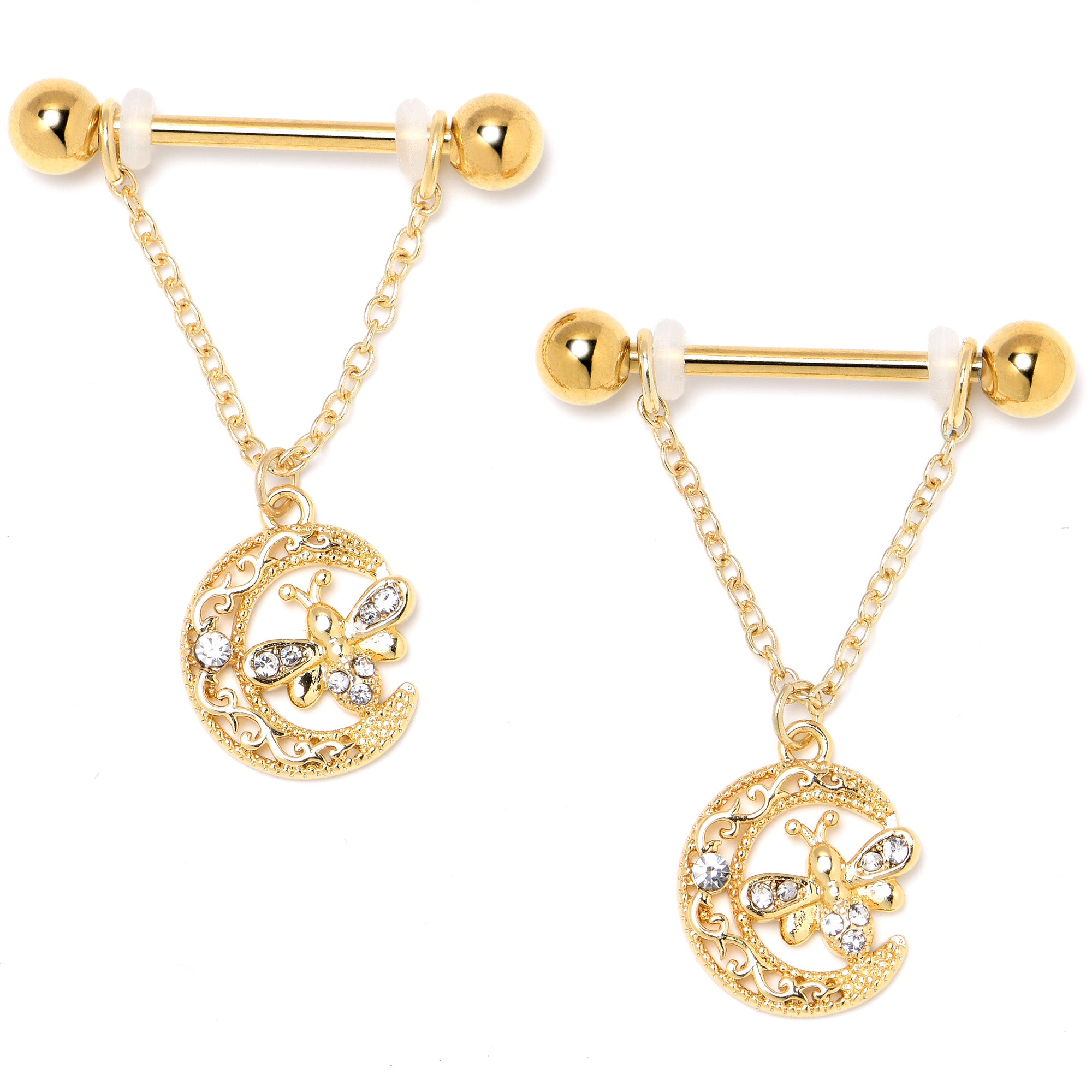 14G 3/4 Clear Gem Gold Tone Lunar Dragonfly Dangle Nipple Ring Set
