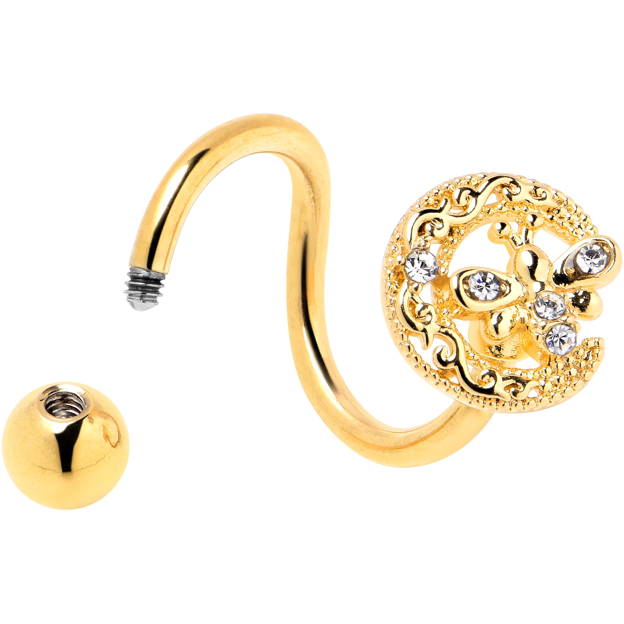 Clear Gem Gold Tone Lunar Dragonfly Spiral Twister Belly Ring