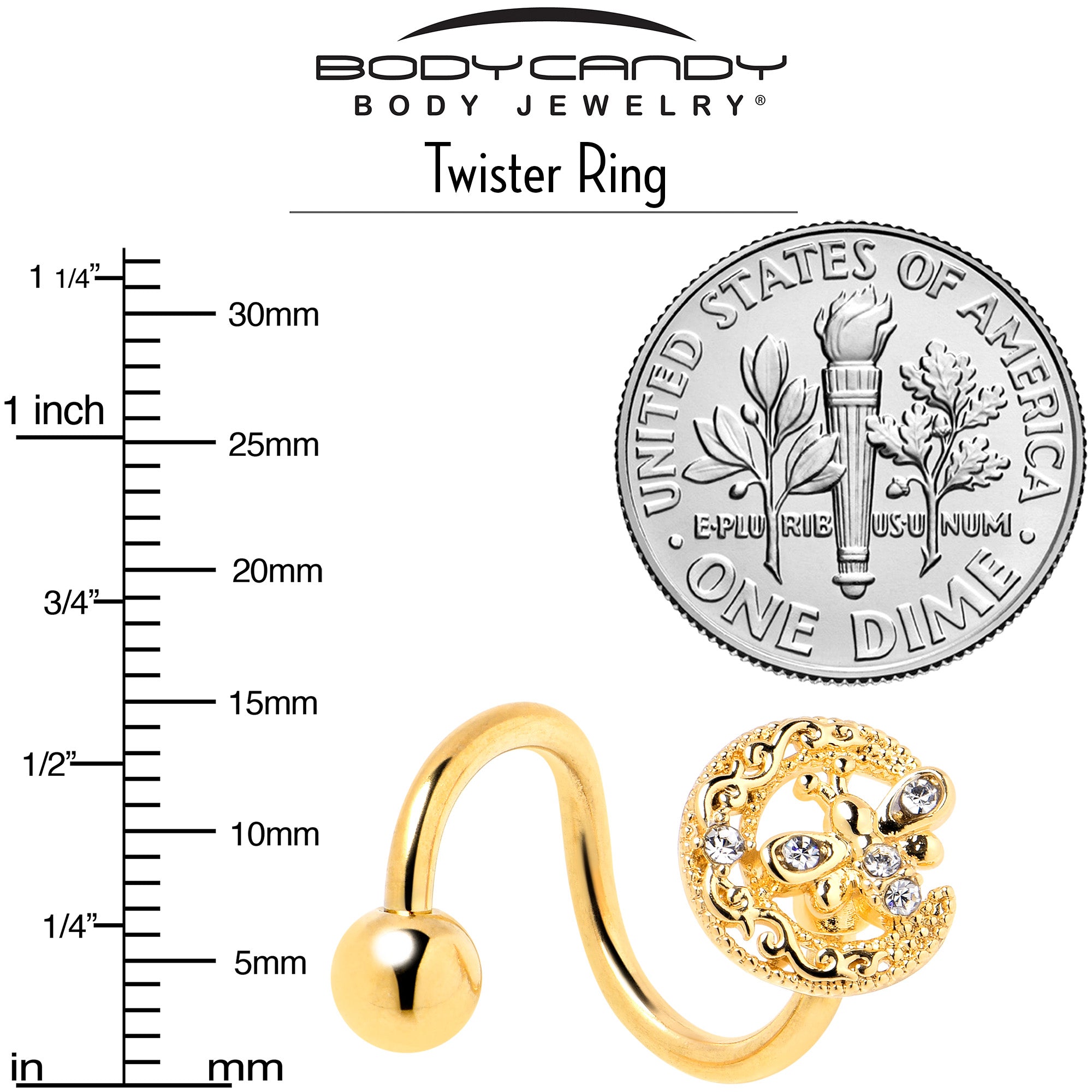Clear Gem Gold Tone Lunar Dragonfly Spiral Twister Belly Ring