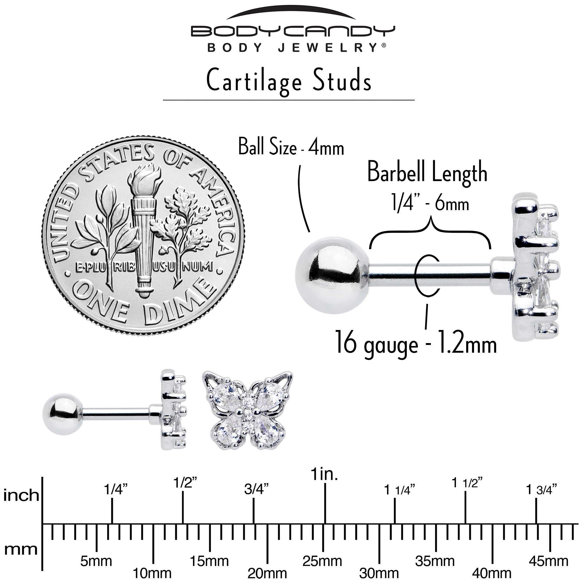 16G 1/4 Clear Gem Baroque Beauty Butterfly Cartilage Tragus Earring