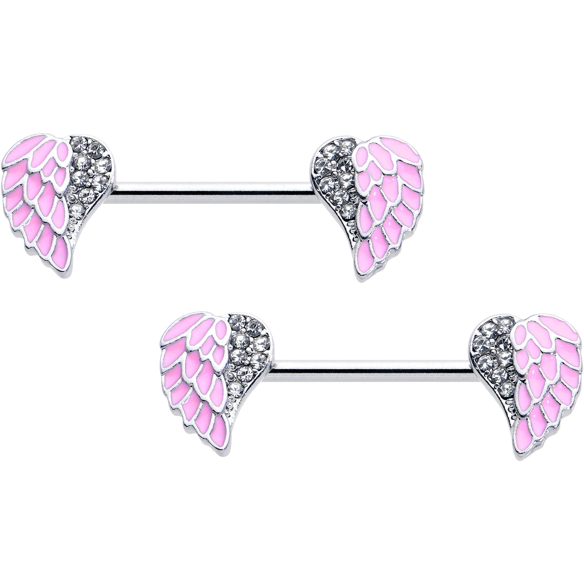 14G 9/16 Clear Gem Heavenly Heart Angel Wing Pink Nipple Ring Set