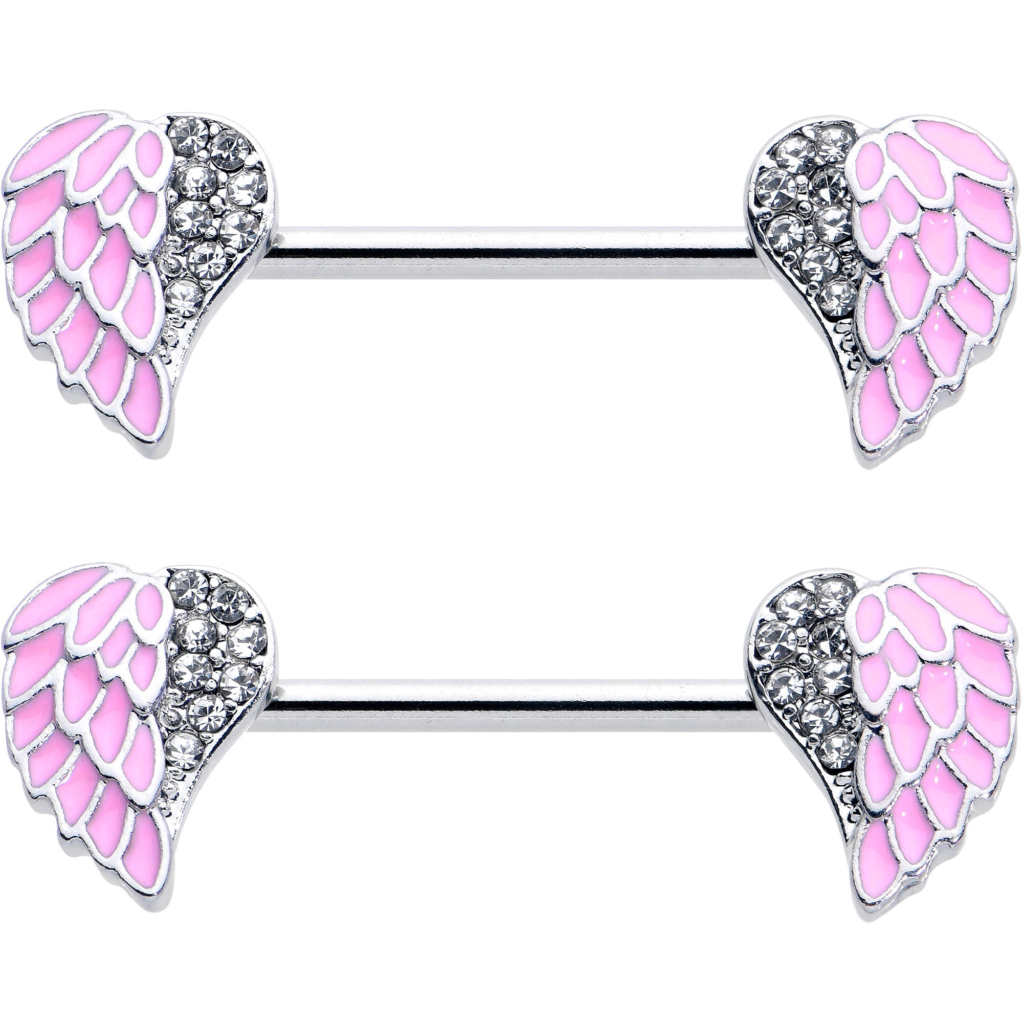 14G 9/16 Clear Gem Heavenly Heart Angel Wing Pink Nipple Ring Set