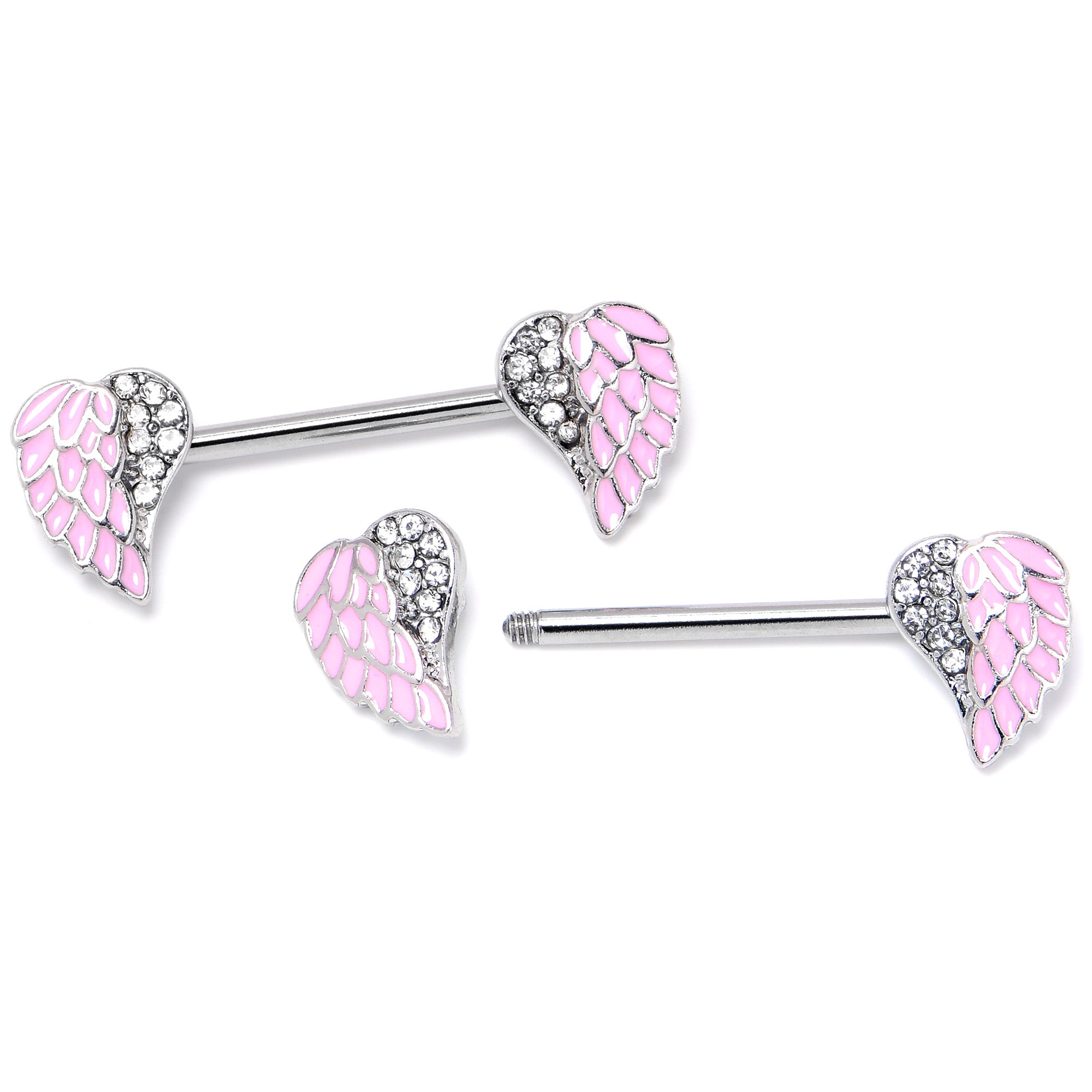 14G 9/16 Clear Gem Heavenly Heart Angel Wing Pink Nipple Ring Set