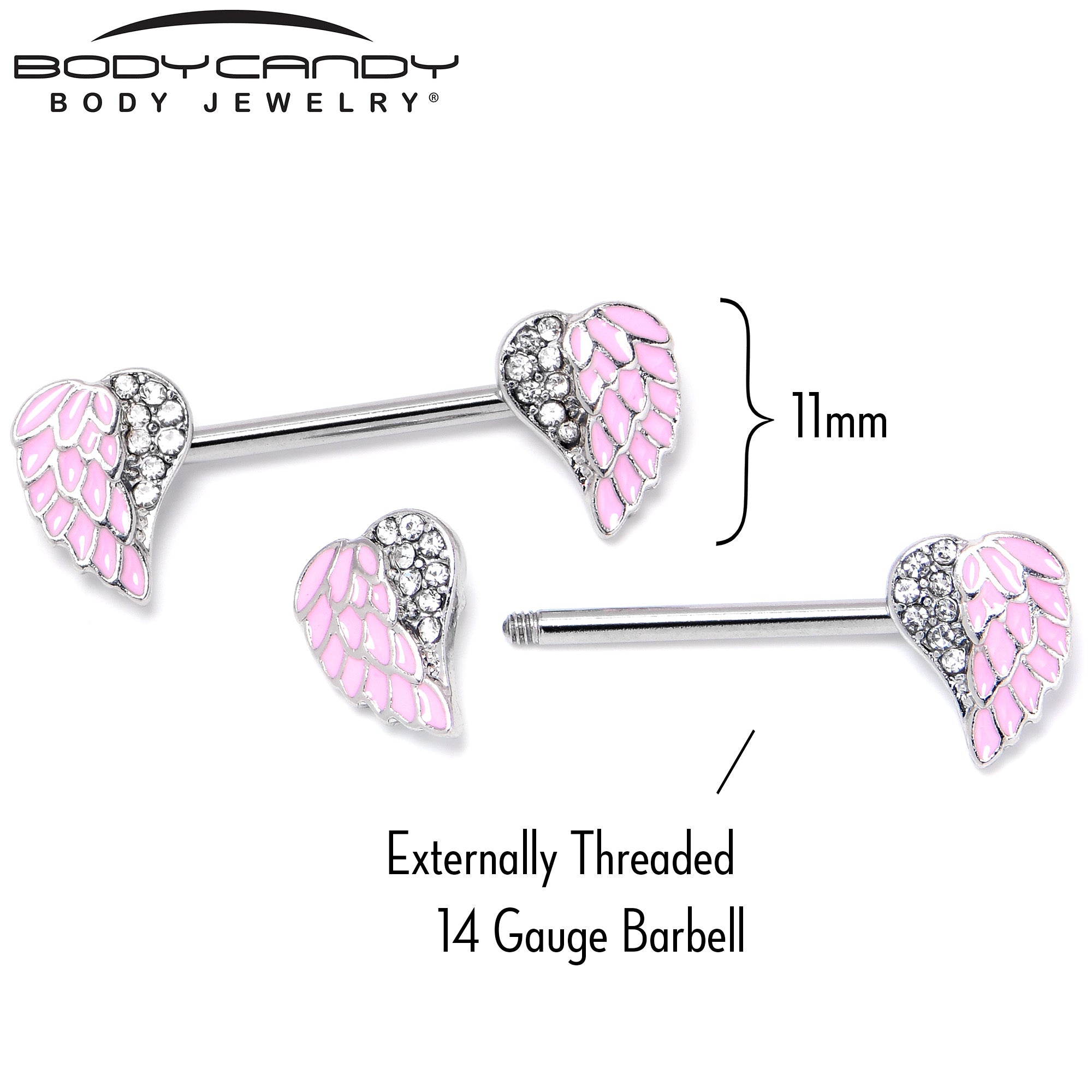 14G 9/16 Clear Gem Heavenly Heart Angel Wing Pink Nipple Ring Set