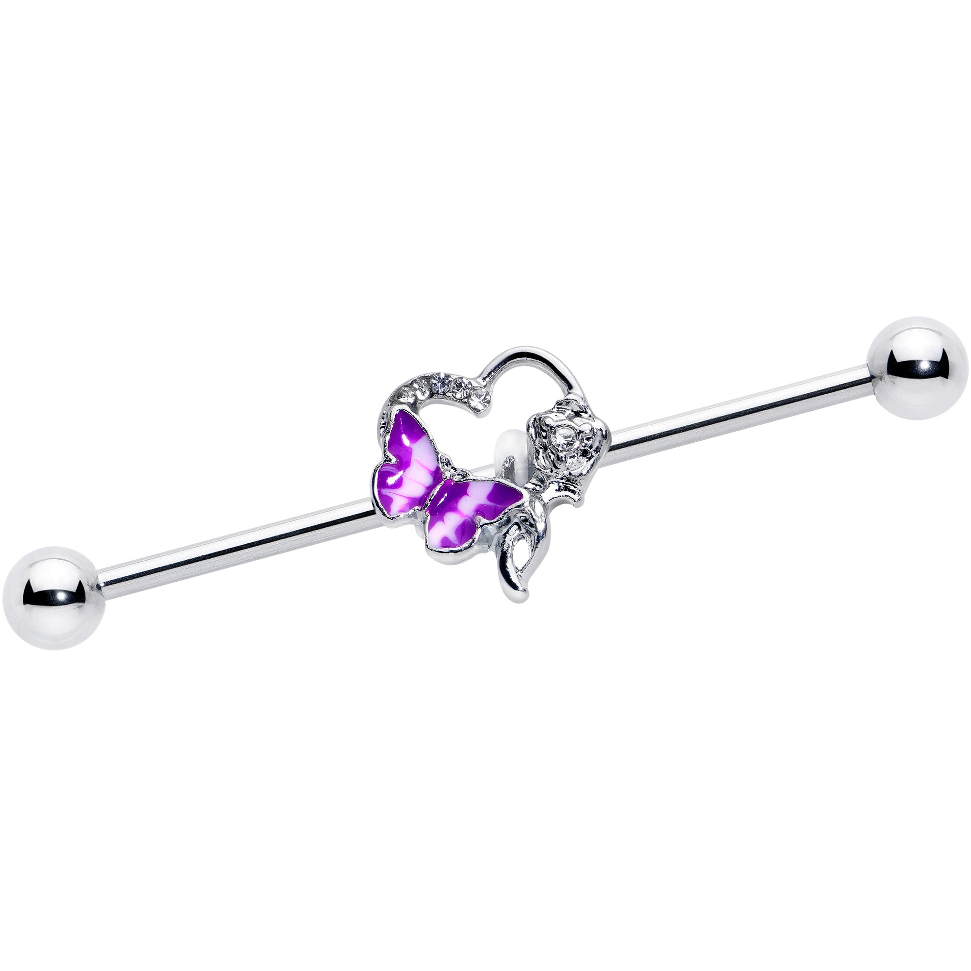 14G Clear Gem Butterfly Rose Flower Purple Industrial Barbell 38mm
