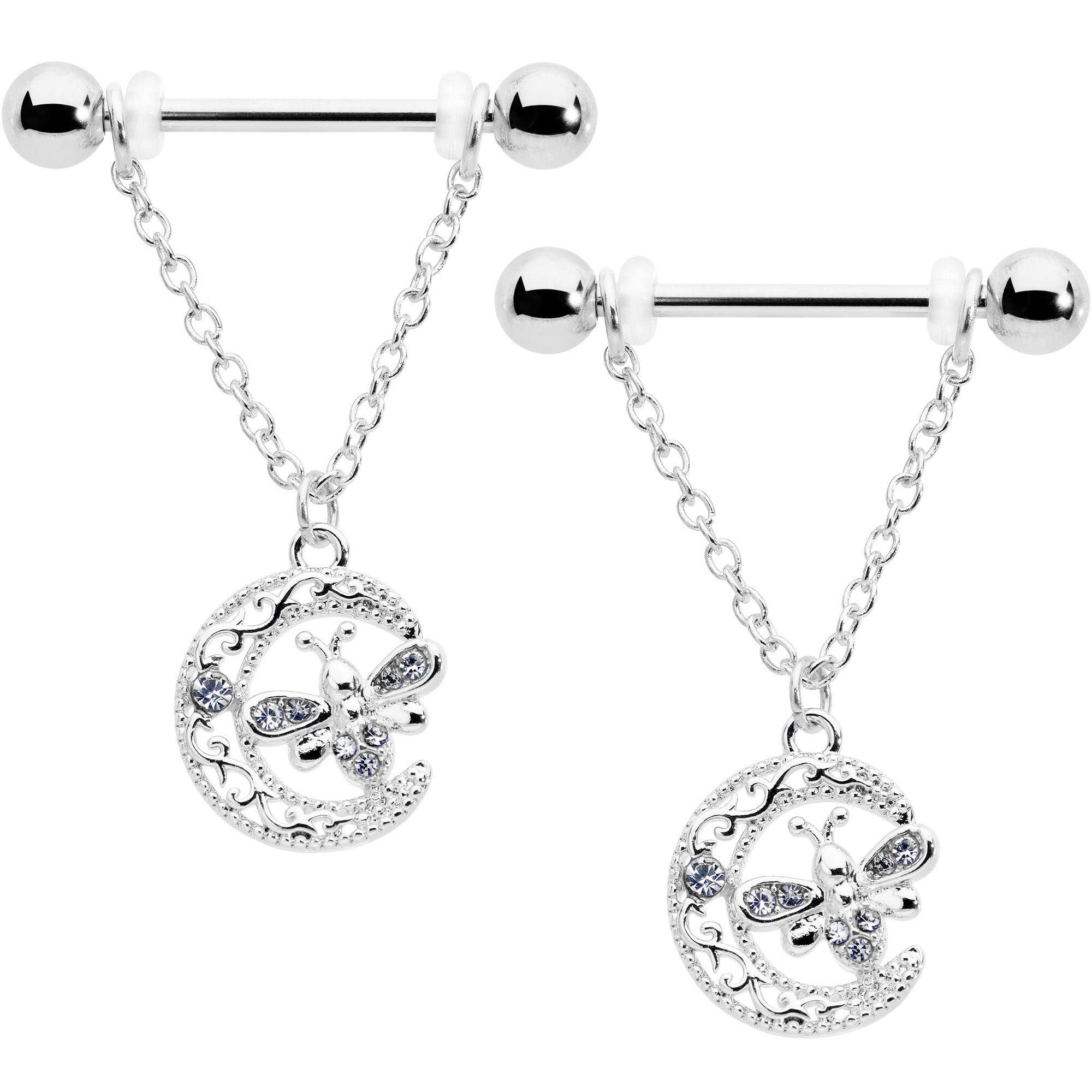 14G 9/16 Clear Gem Lunar Dragonfly Chain Dangle Nipple Ring Set