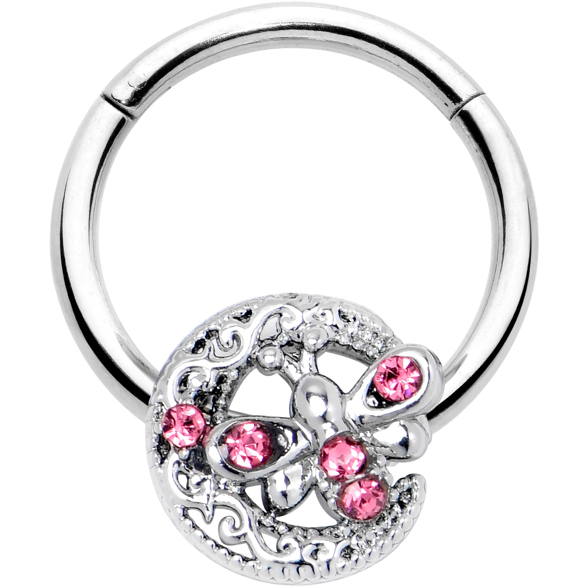 16G 3/8 Pink Gem Lunar Dragonfly Hinged Segment Ring