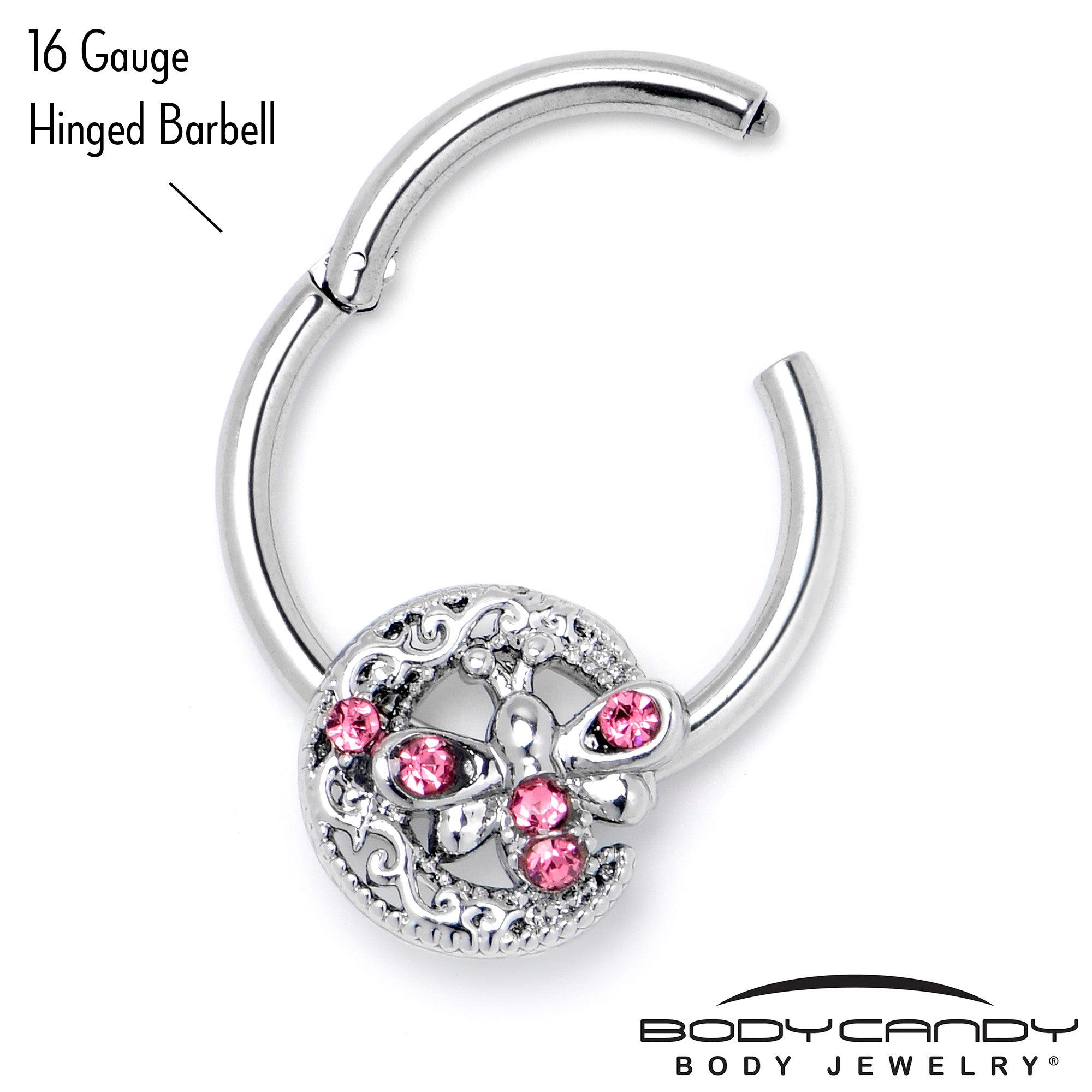 16G 3/8 Pink Gem Lunar Dragonfly Hinged Segment Ring