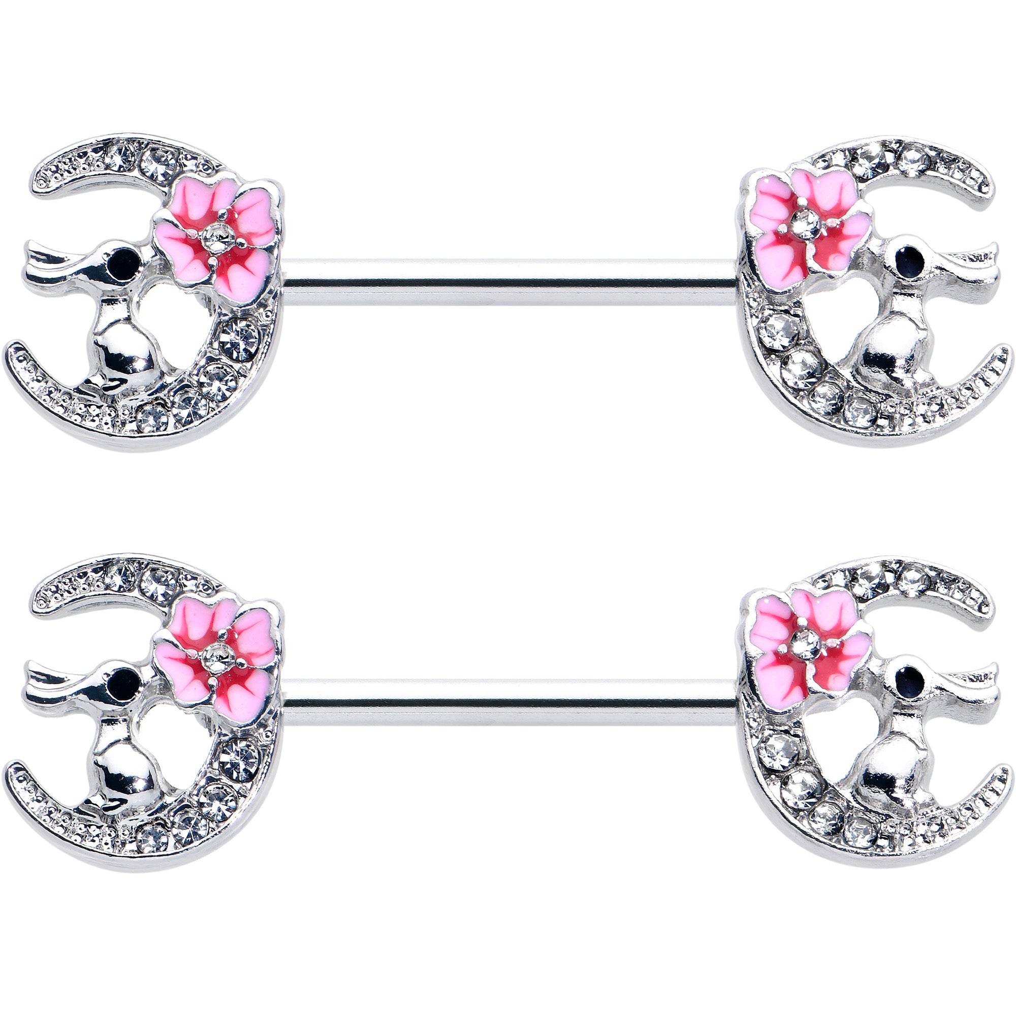 14G 9/16 Clear Gem Rabbit On Moon Flower Pink Nipple Ring Set