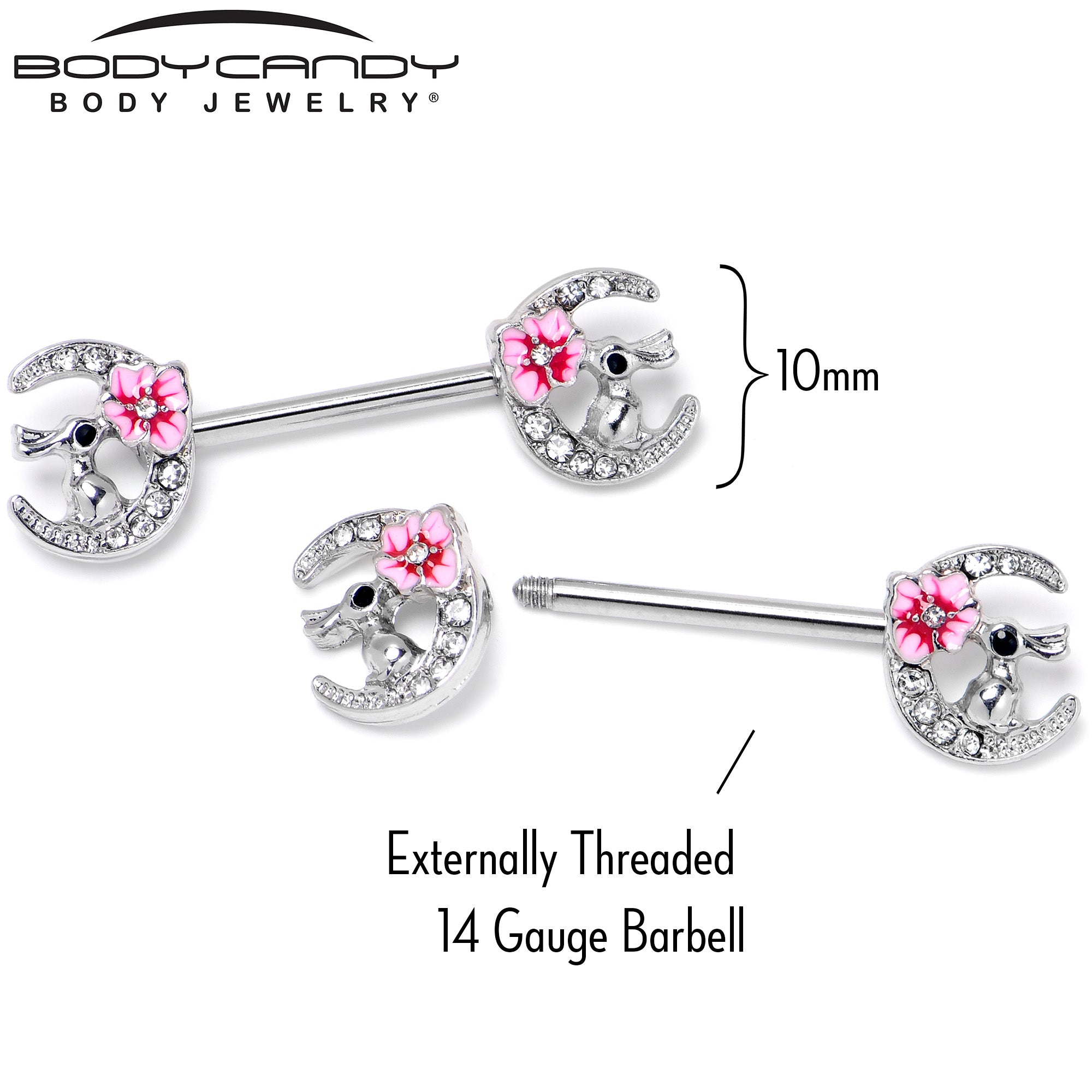 14G 9/16 Clear Gem Rabbit On Moon Flower Pink Nipple Ring Set