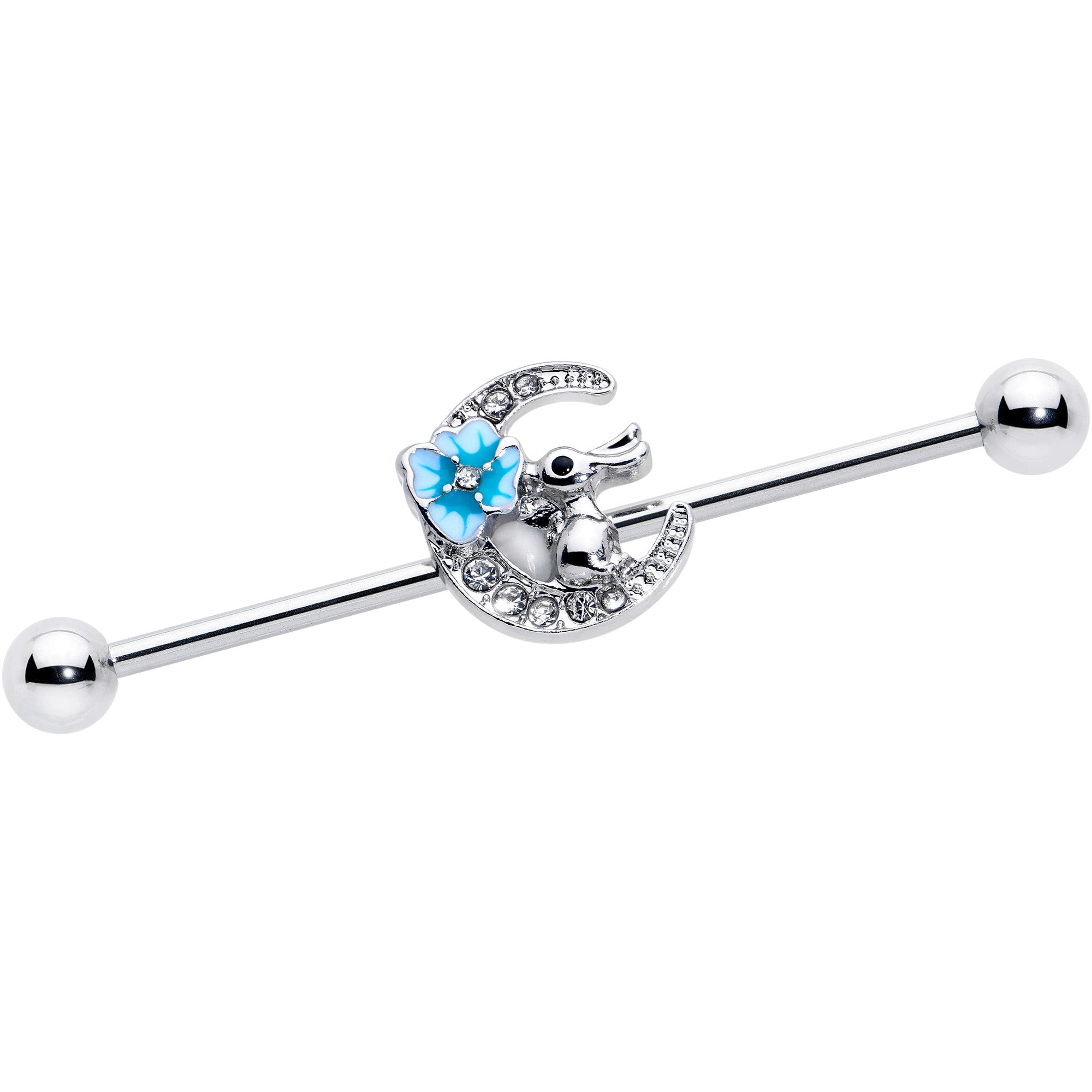 14G Clear Gem Rabbit On Moon Flower Blue Industrial Barbell 38mm