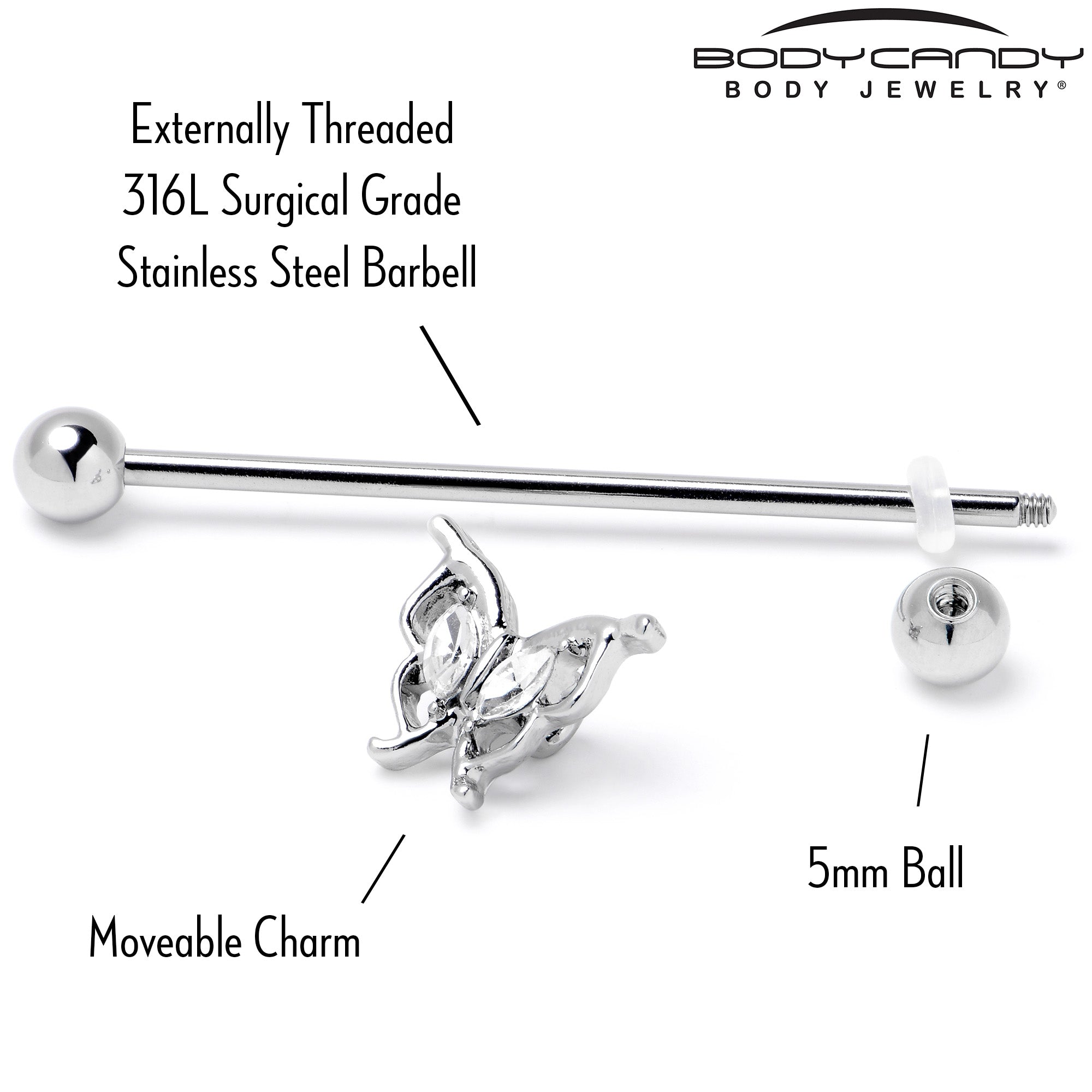 14G Clear Gem Fancy Fab Butterfly Industrial Barbell 38mm