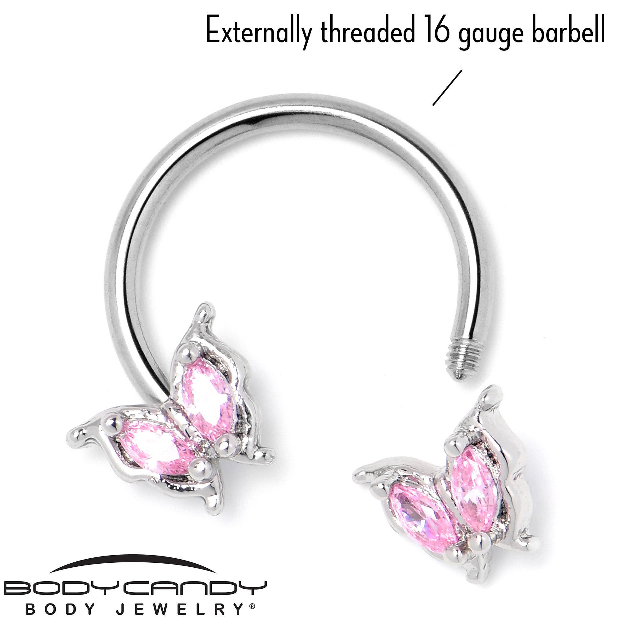 16G 3/8 Pink Gem Fancy Fab Butterfly Horseshoe Circular Barbell