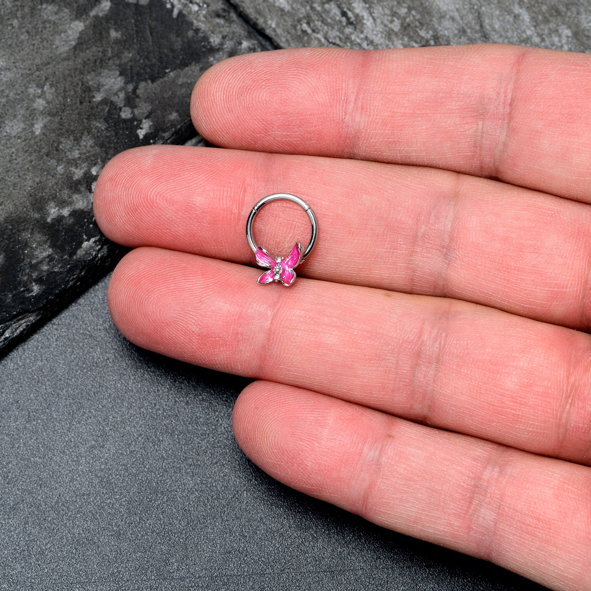 16G 3/8 Clear Gem Chunky Butterfly Pink Hinged Segment Ring