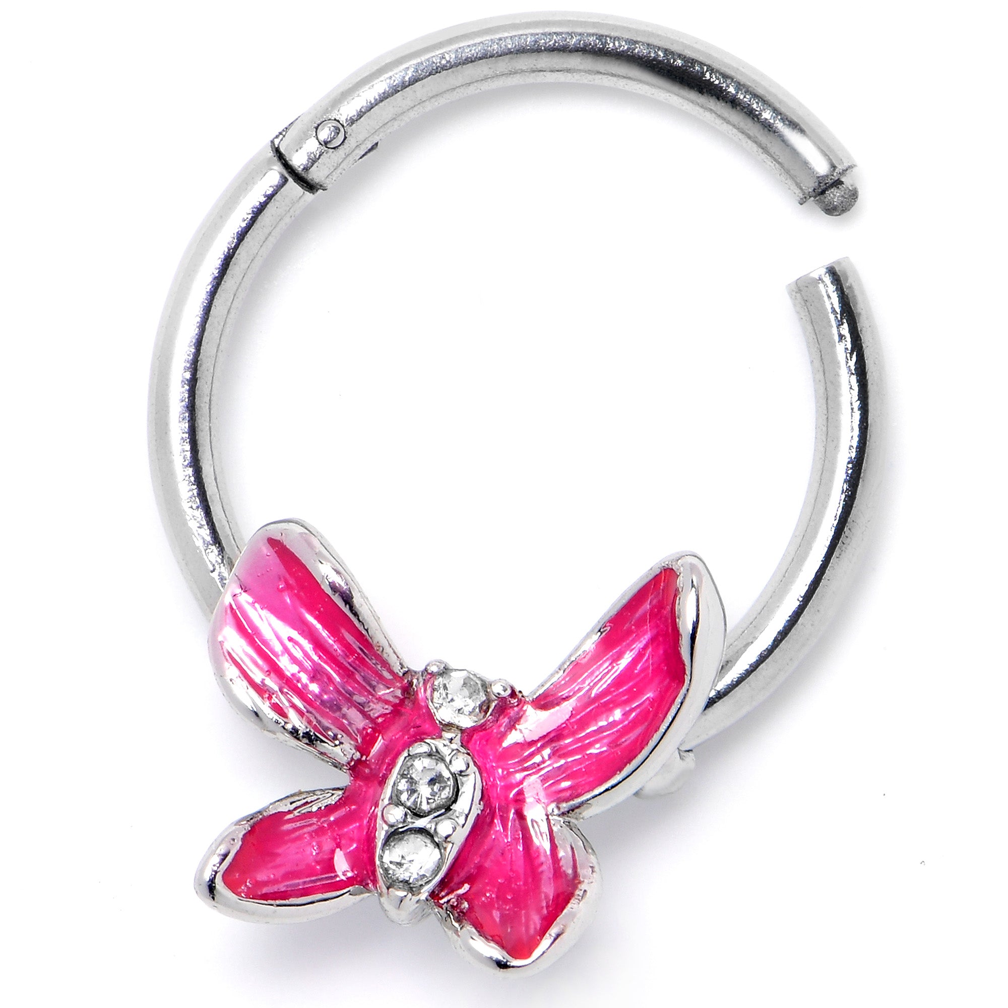16G 3/8 Clear Gem Chunky Butterfly Pink Hinged Segment Ring