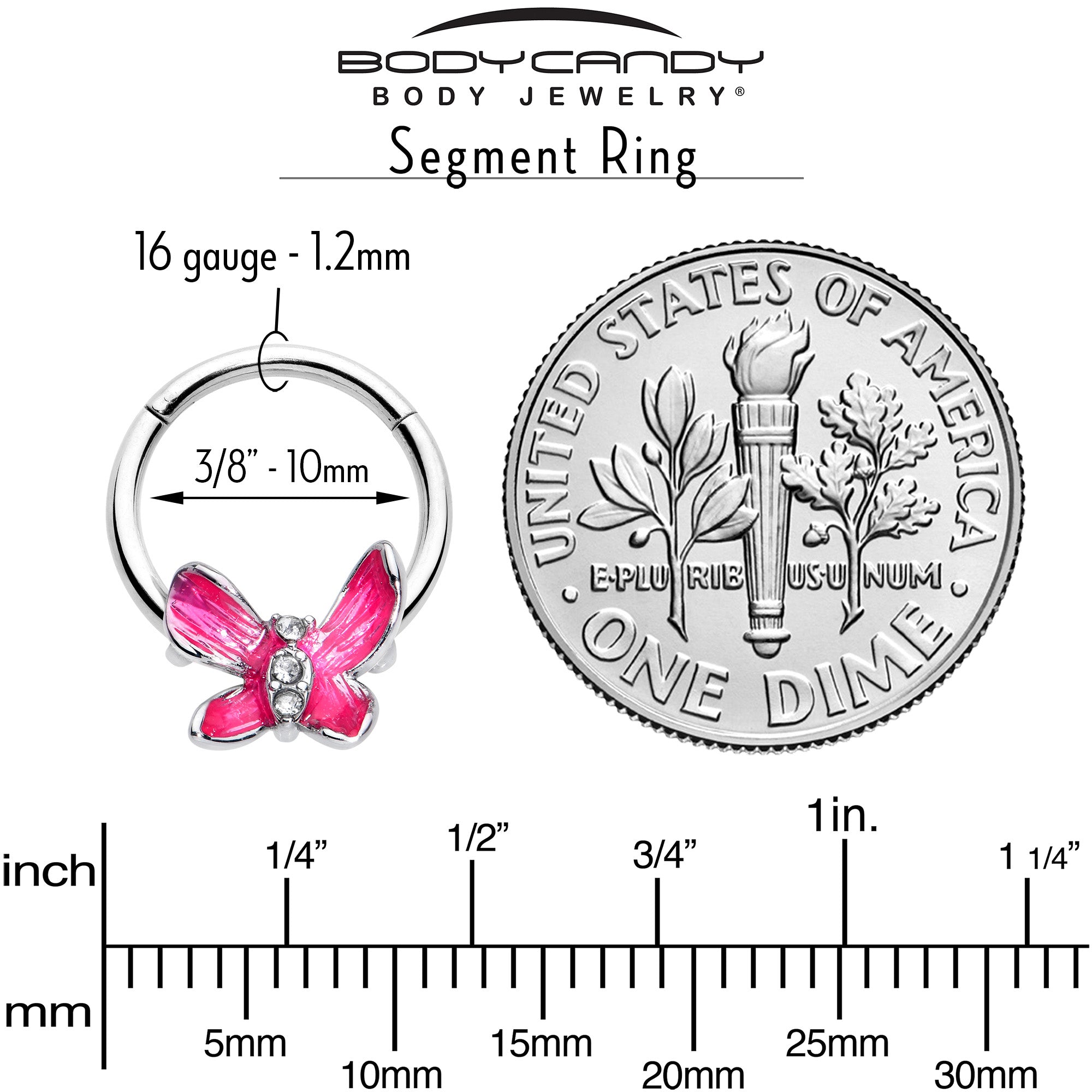 16G 3/8 Clear Gem Chunky Butterfly Pink Hinged Segment Ring