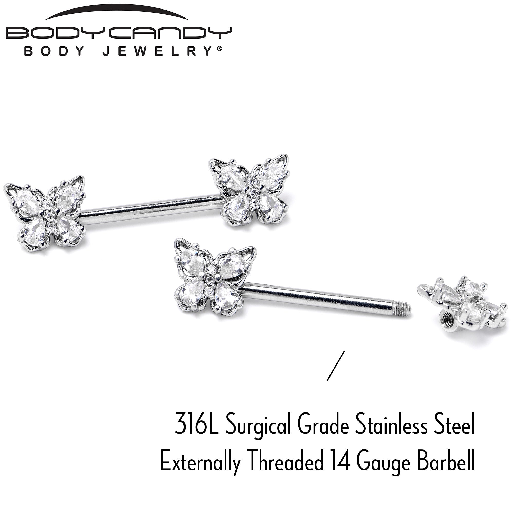 14G 9/16 Clear Gem Baroque Beauty Butterfly Barbell Nipple Ring Set
