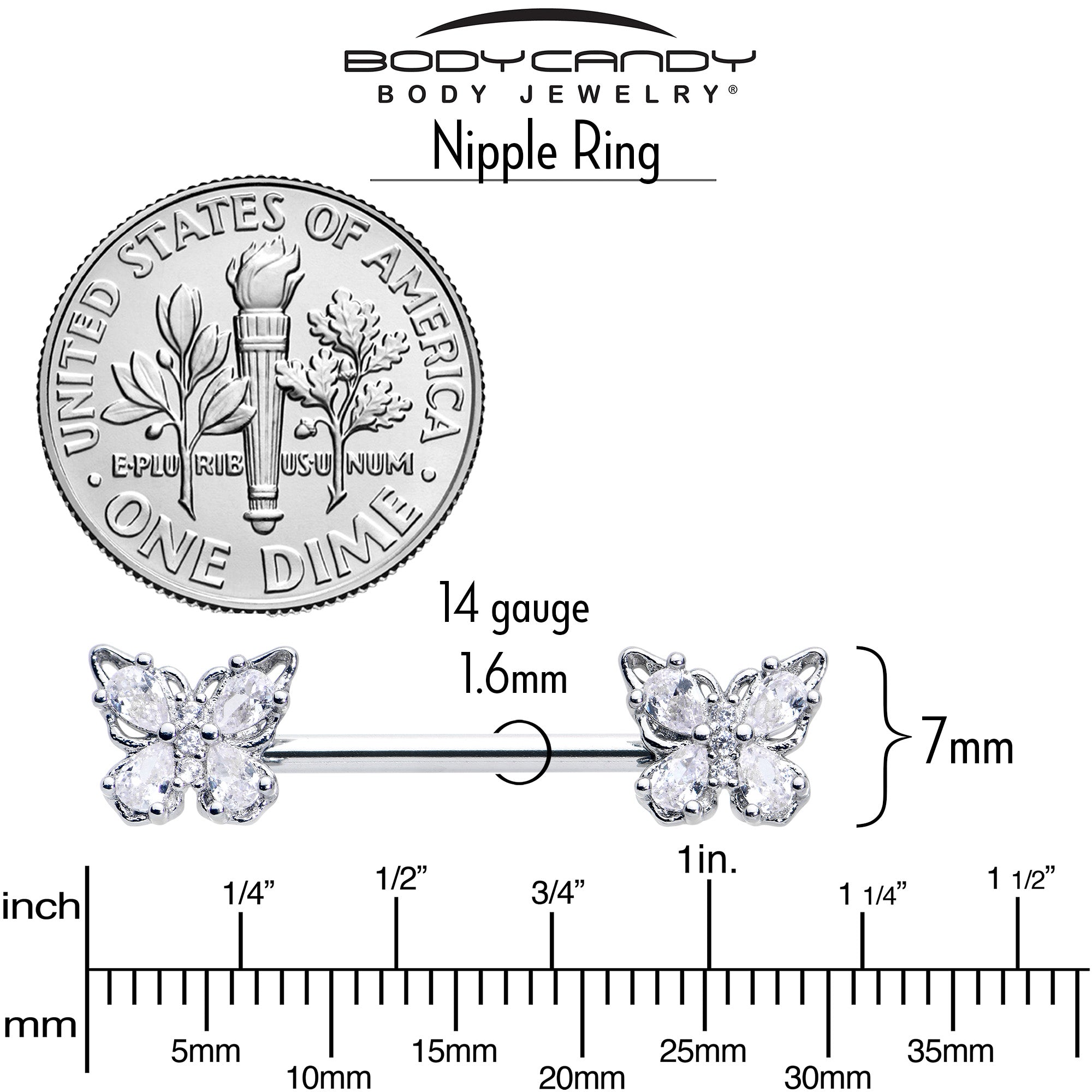 14G 9/16 Clear Gem Baroque Beauty Butterfly Barbell Nipple Ring Set