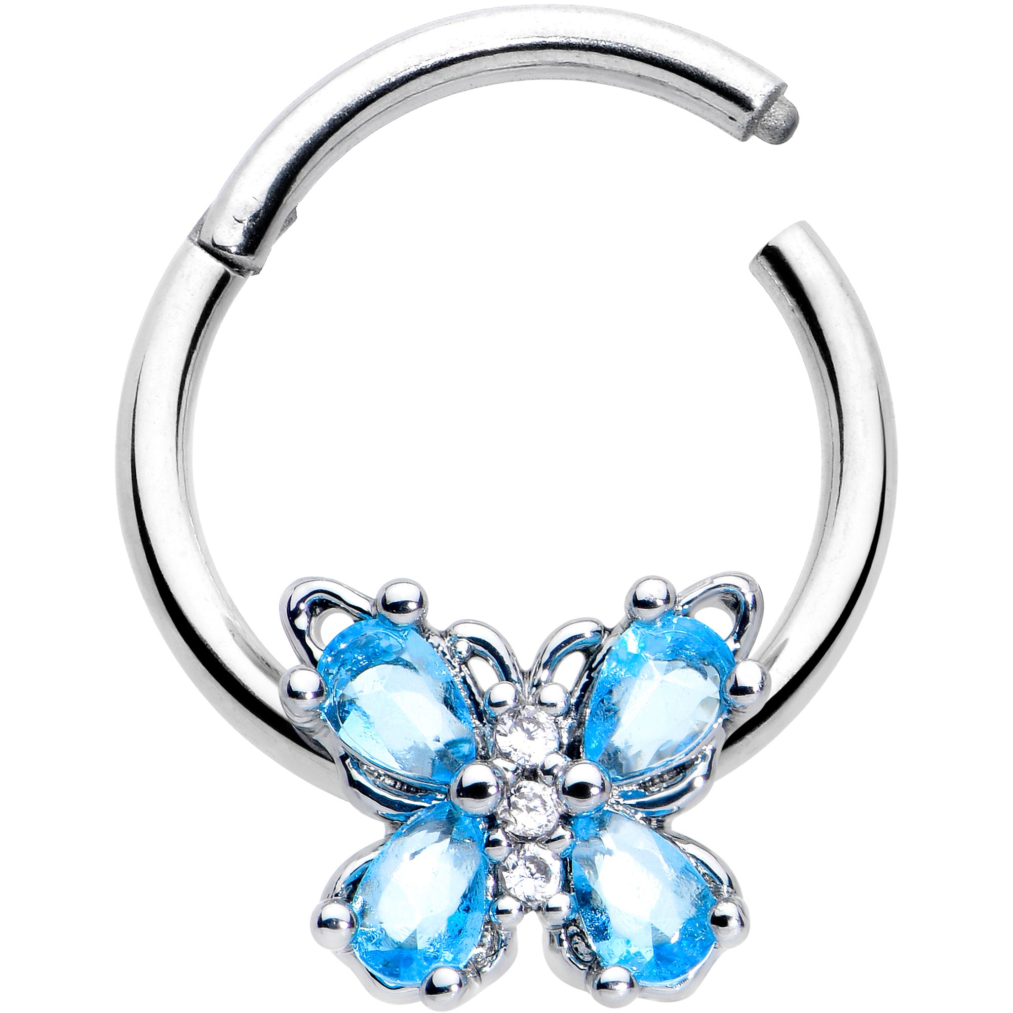 16G 3/8 Blue Gem Baroque Beauty Butterfly Hinged Segment Ring
