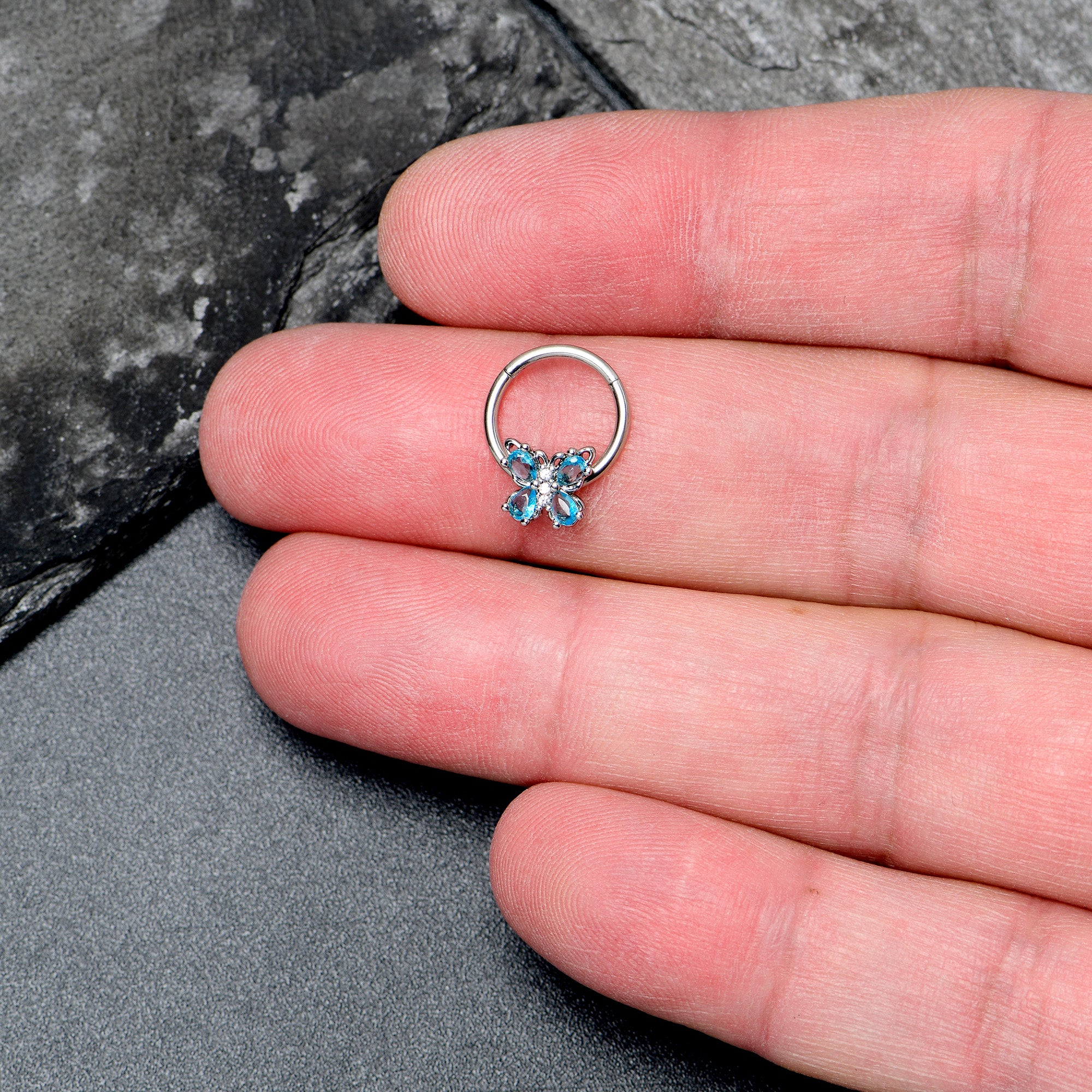 16G 3/8 Blue Gem Baroque Beauty Butterfly Hinged Segment Ring