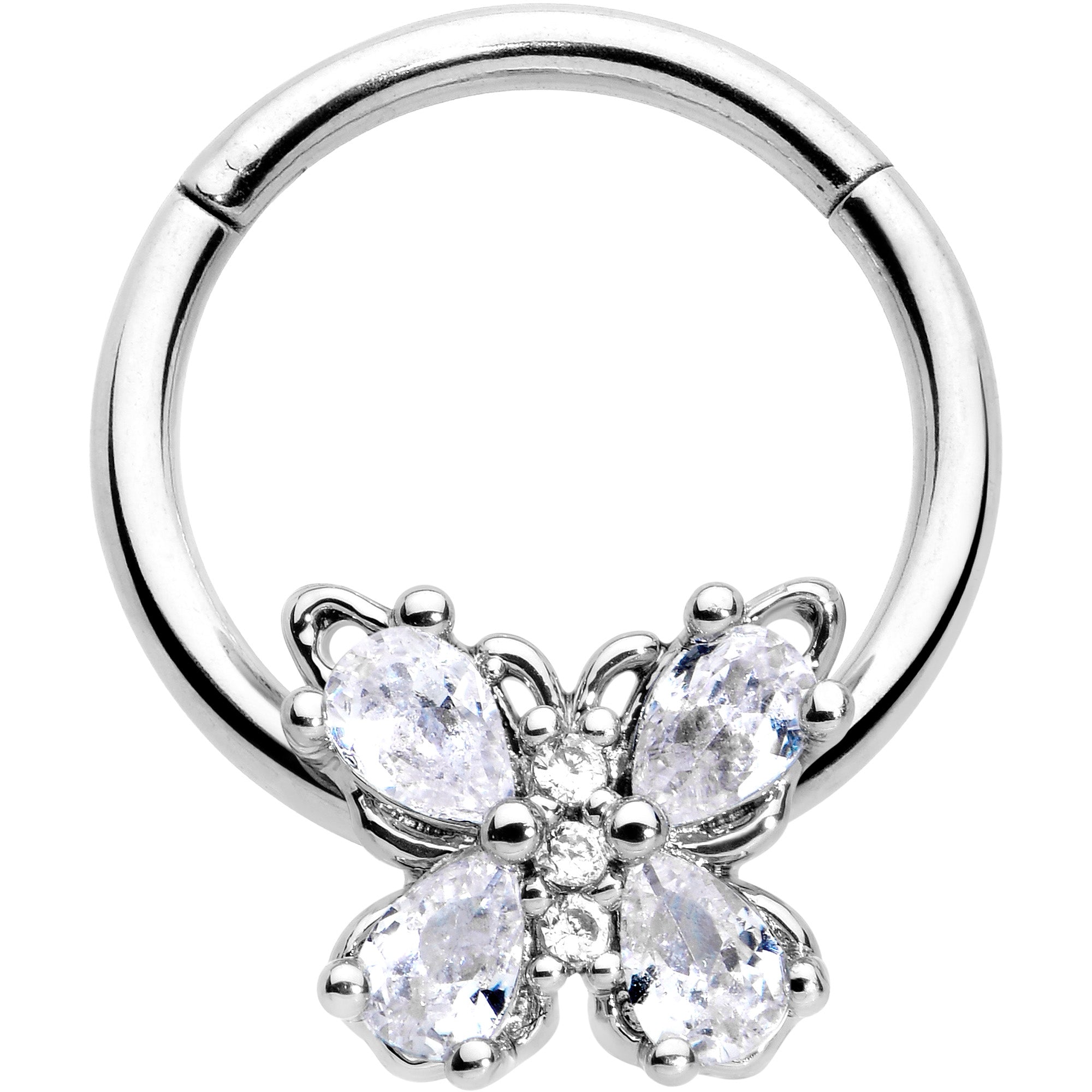 16G 3/8 Clear Gem Baroque Beauty Butterfly Hinged Segment Ring