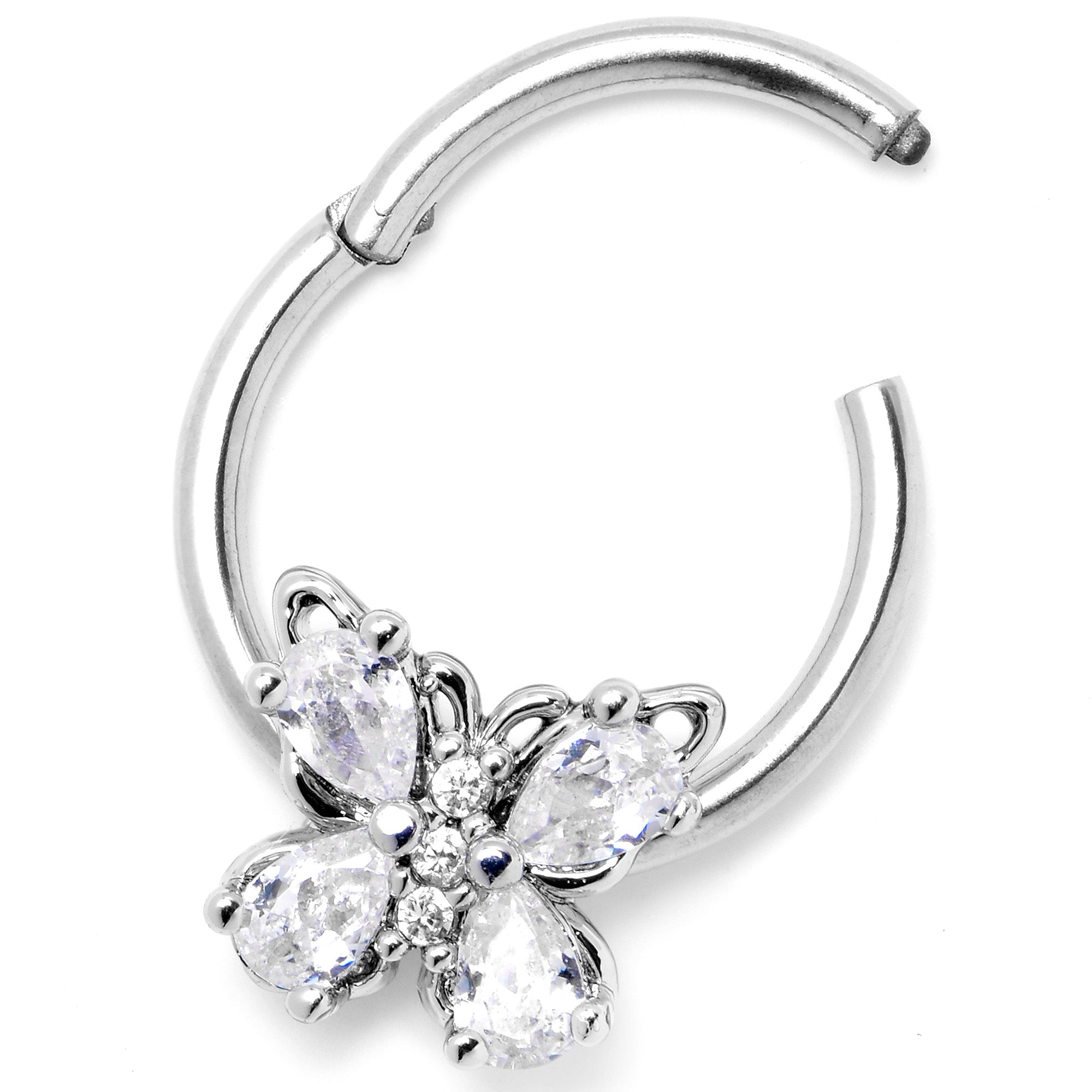 16G 3/8 Clear Gem Baroque Beauty Butterfly Hinged Segment Ring