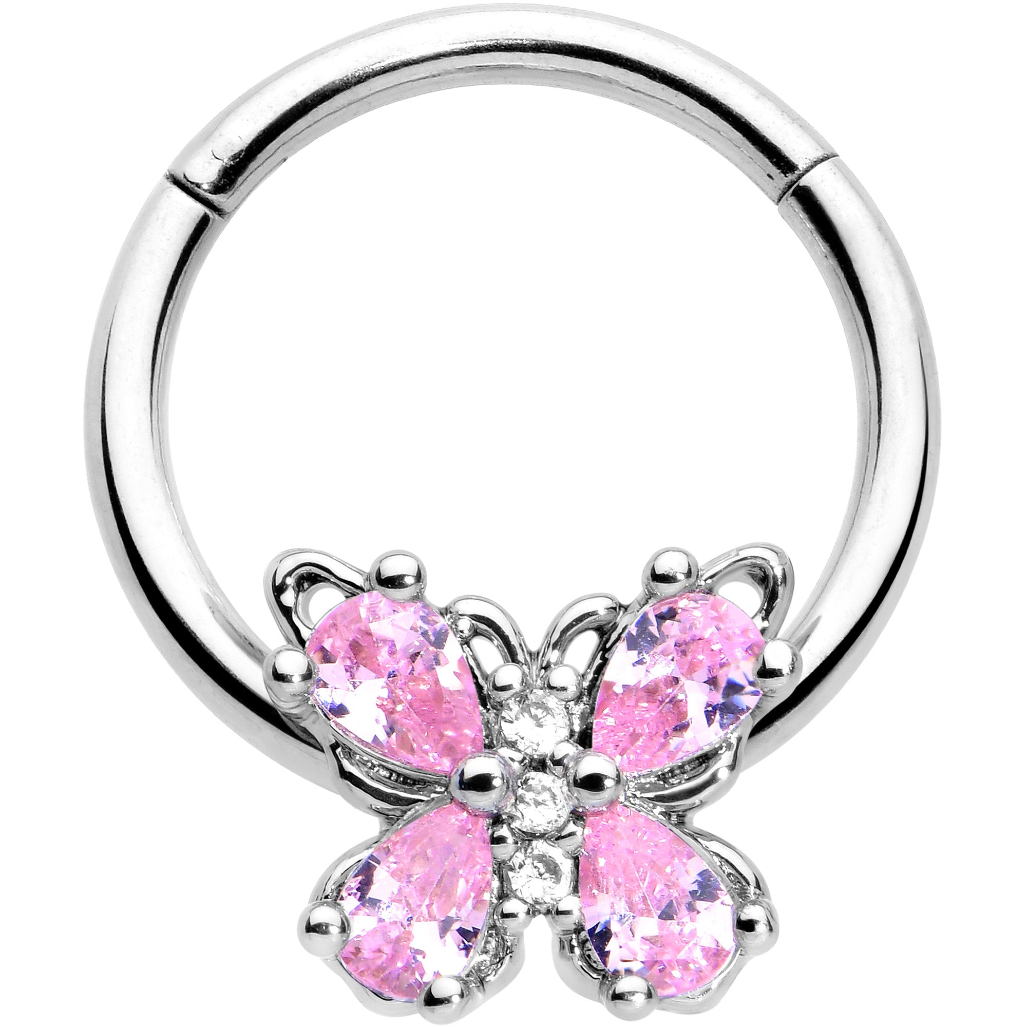 16G 3/8 Pink Gem Baroque Beauty Butterfly Hinged Segment Ring