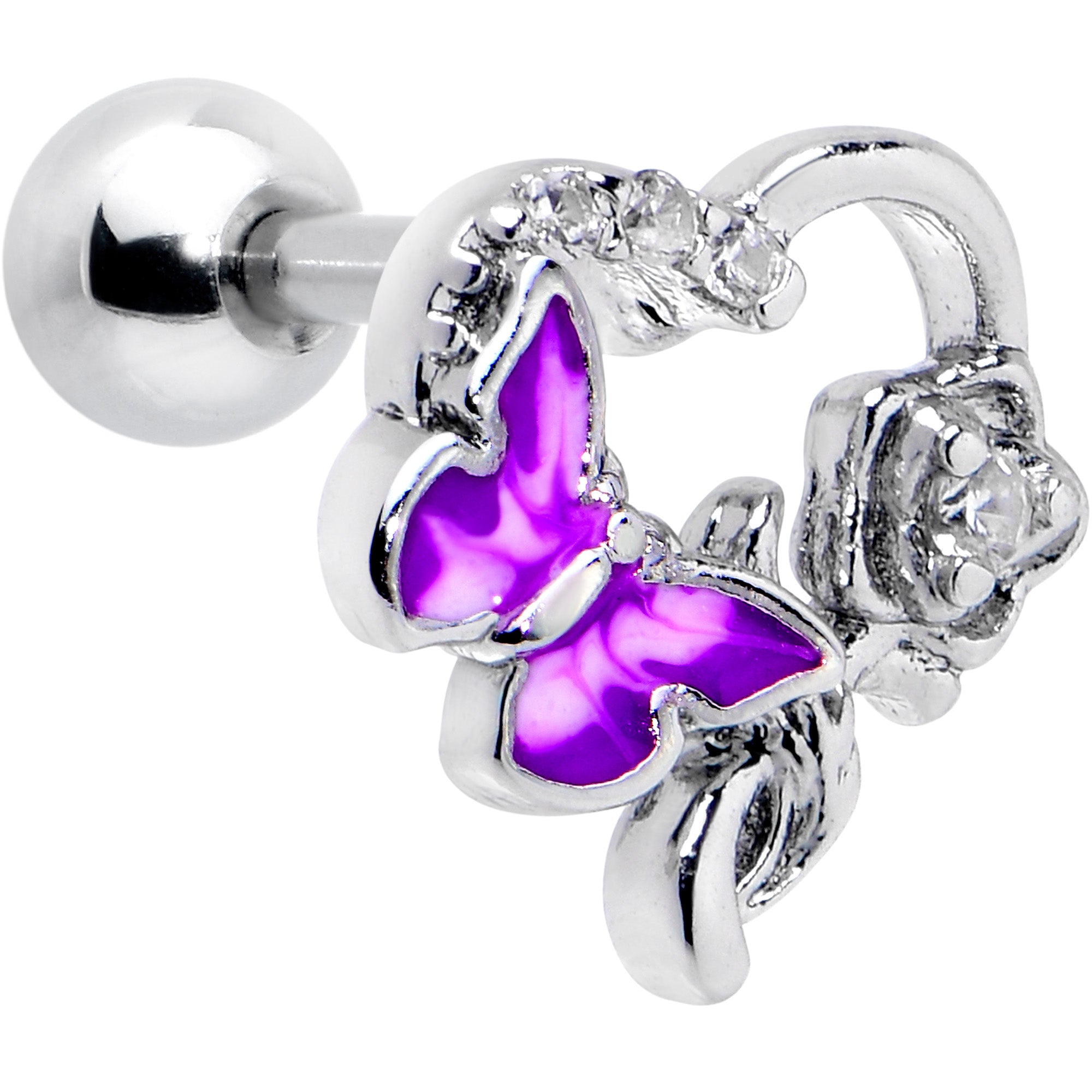 16G 1/4 Clear CZ Gem Butterfly Flower Purple Cartilage Earring