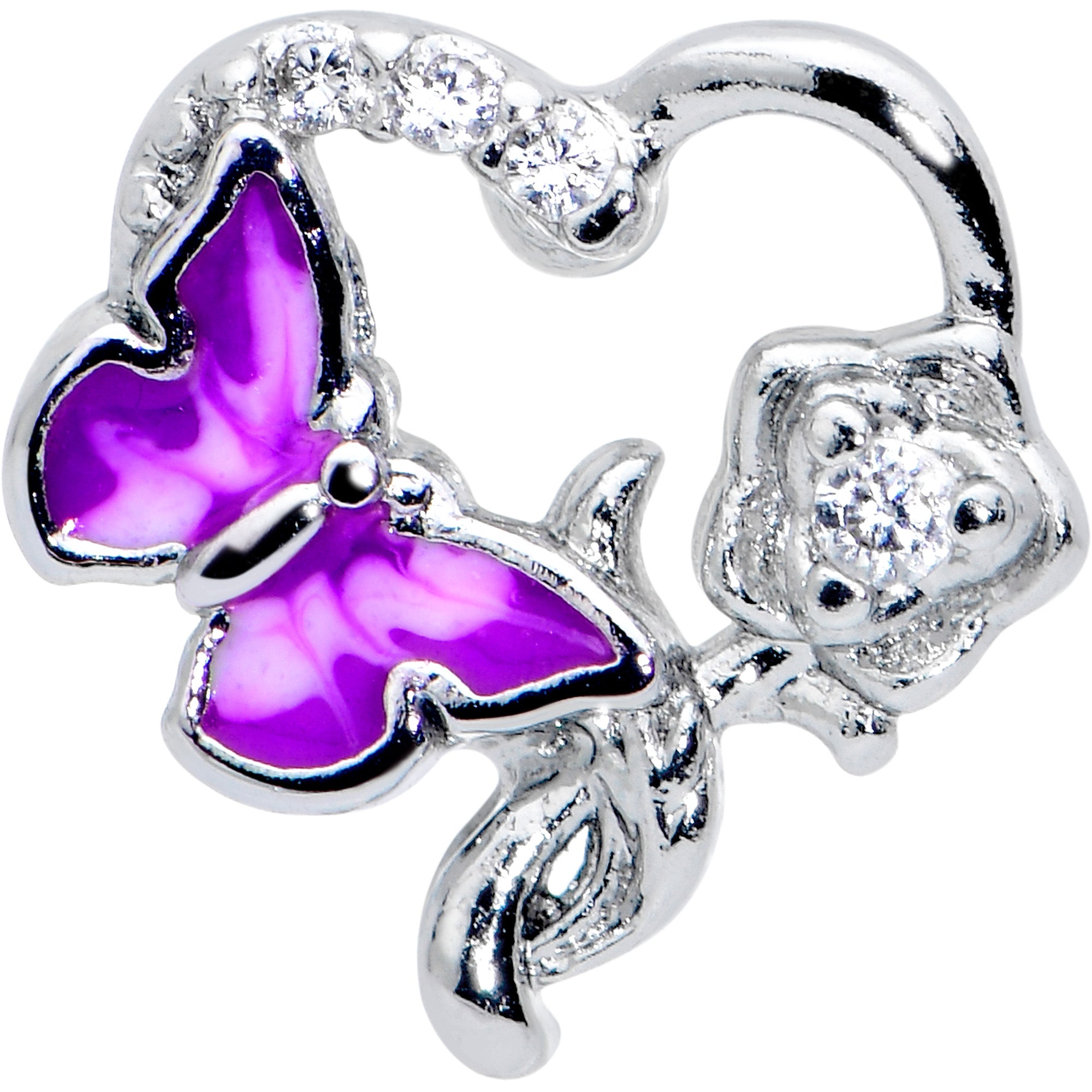 16G 1/4 Clear CZ Gem Butterfly Flower Purple Cartilage Earring