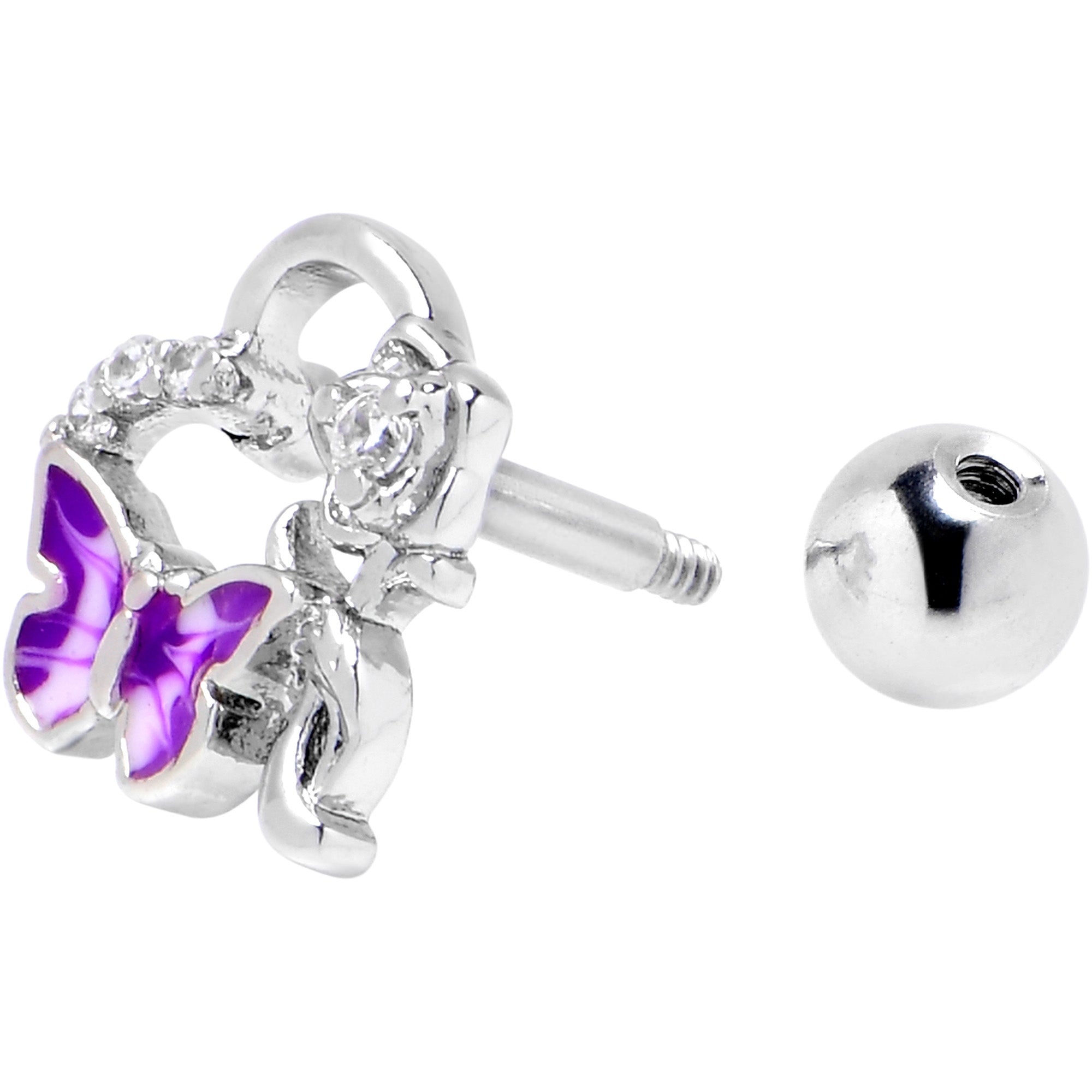 16G 1/4 Clear CZ Gem Butterfly Flower Purple Cartilage Earring