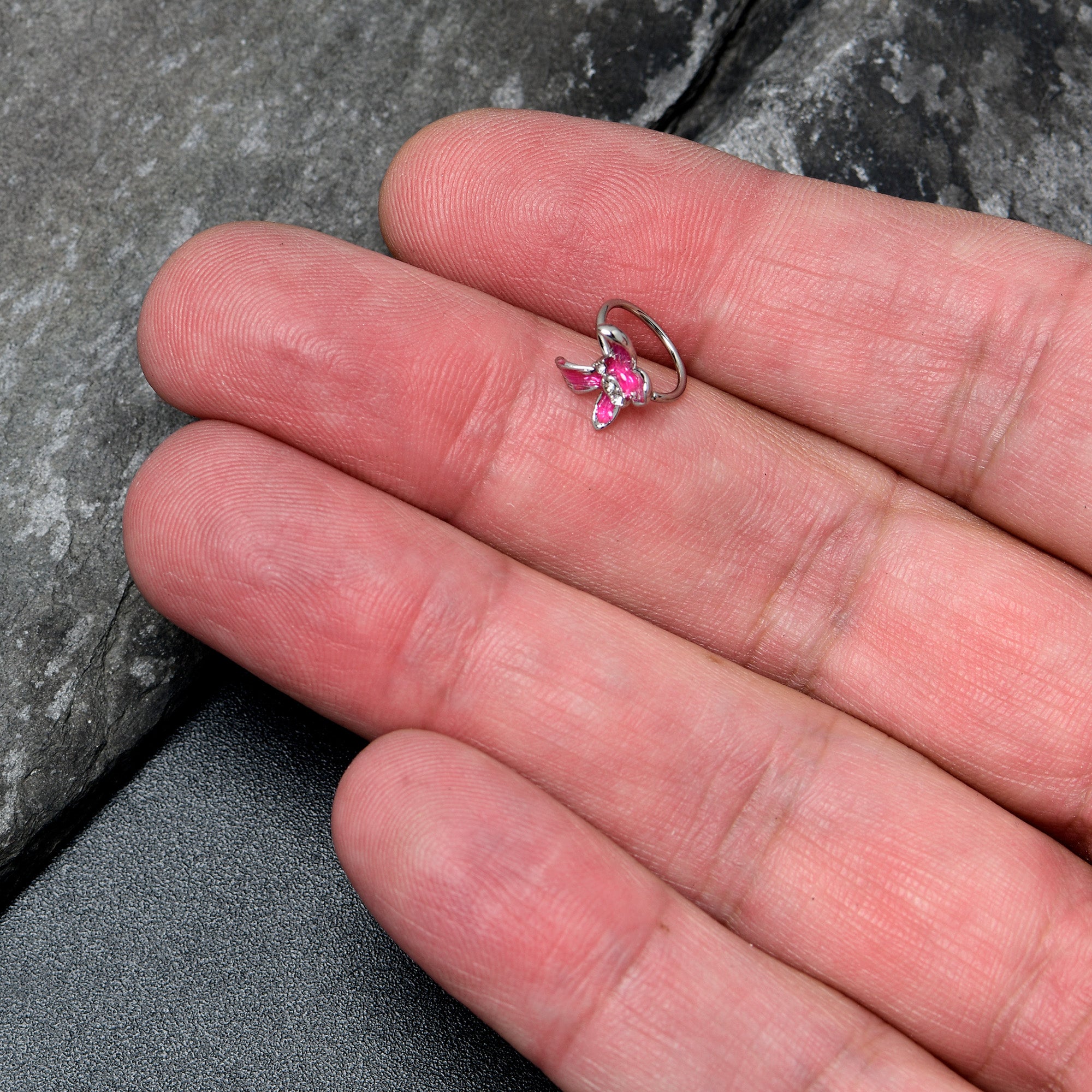 20G 5/16 Clear Gem Chunky Butterfly Pink Nose Hoop