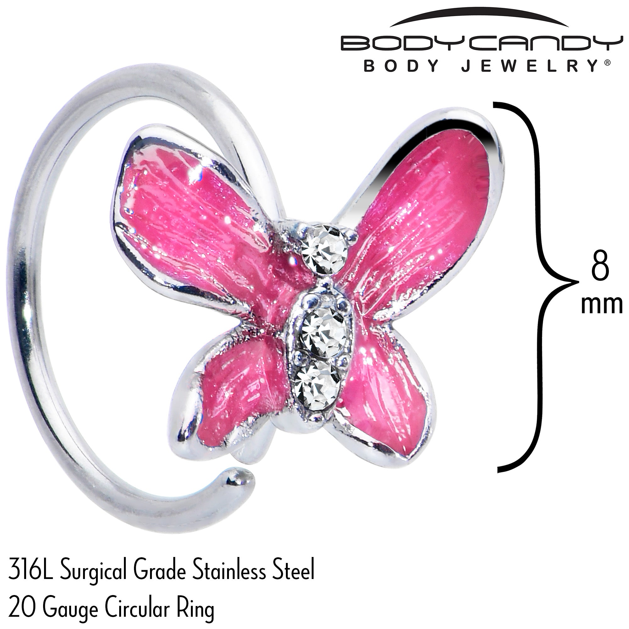 20G 5/16 Clear Gem Chunky Butterfly Pink Nose Hoop