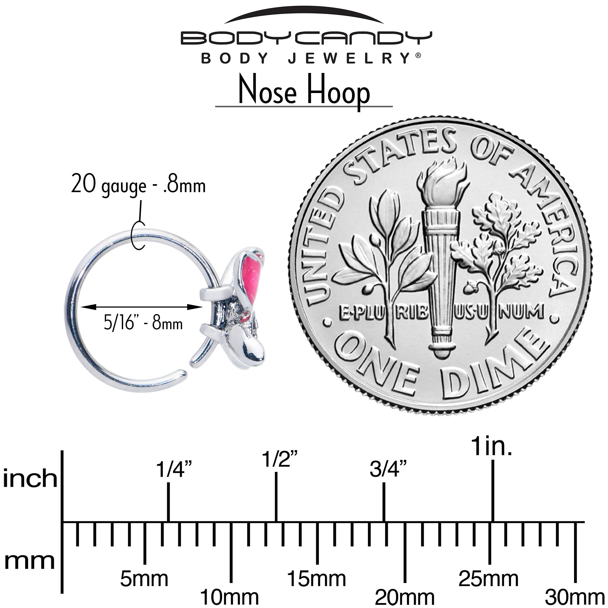 20G 5/16 Clear Gem Chunky Butterfly Pink Nose Hoop