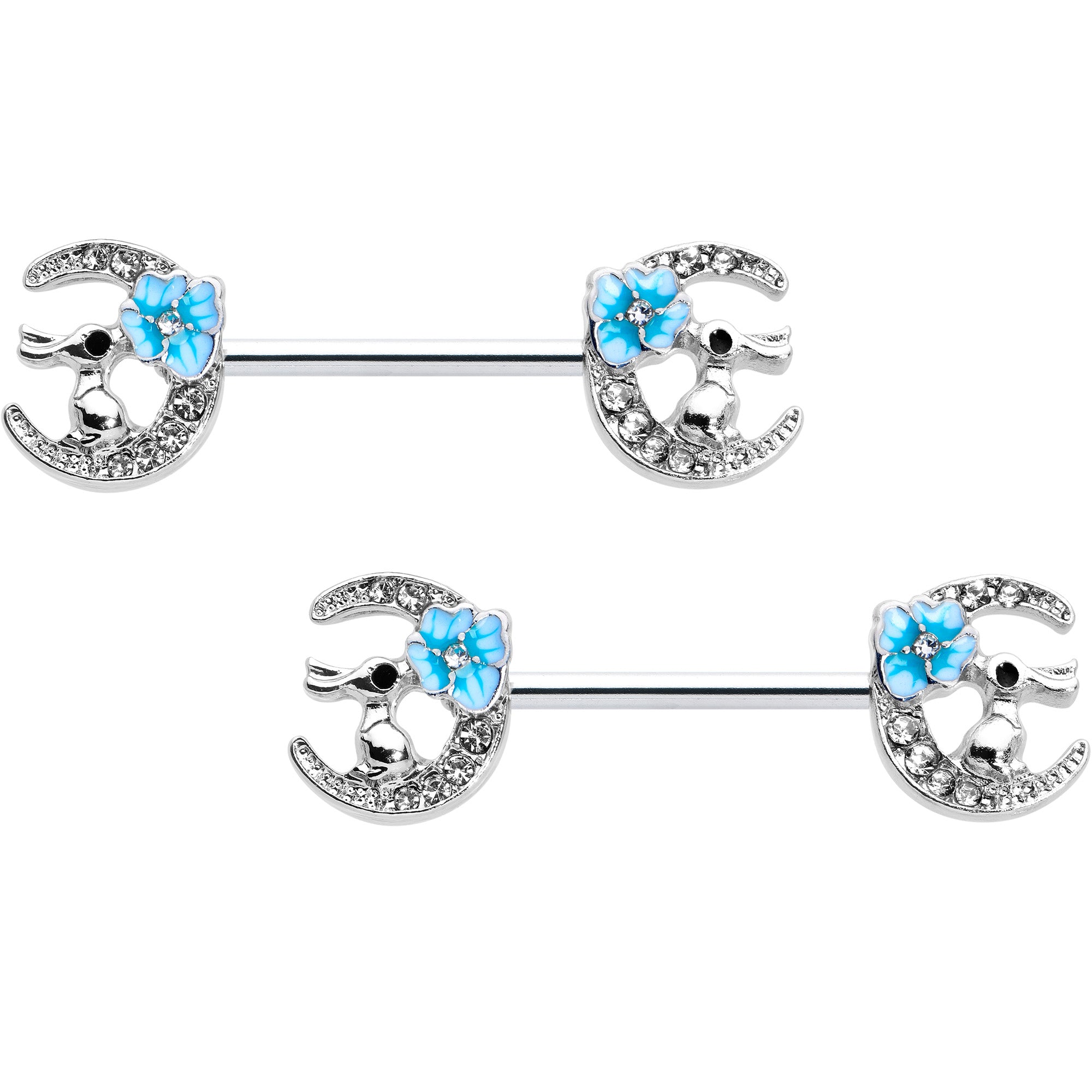 14G 9/16 Clear Gem Rabbit On Moon Flower Blue Nipple Ring Set