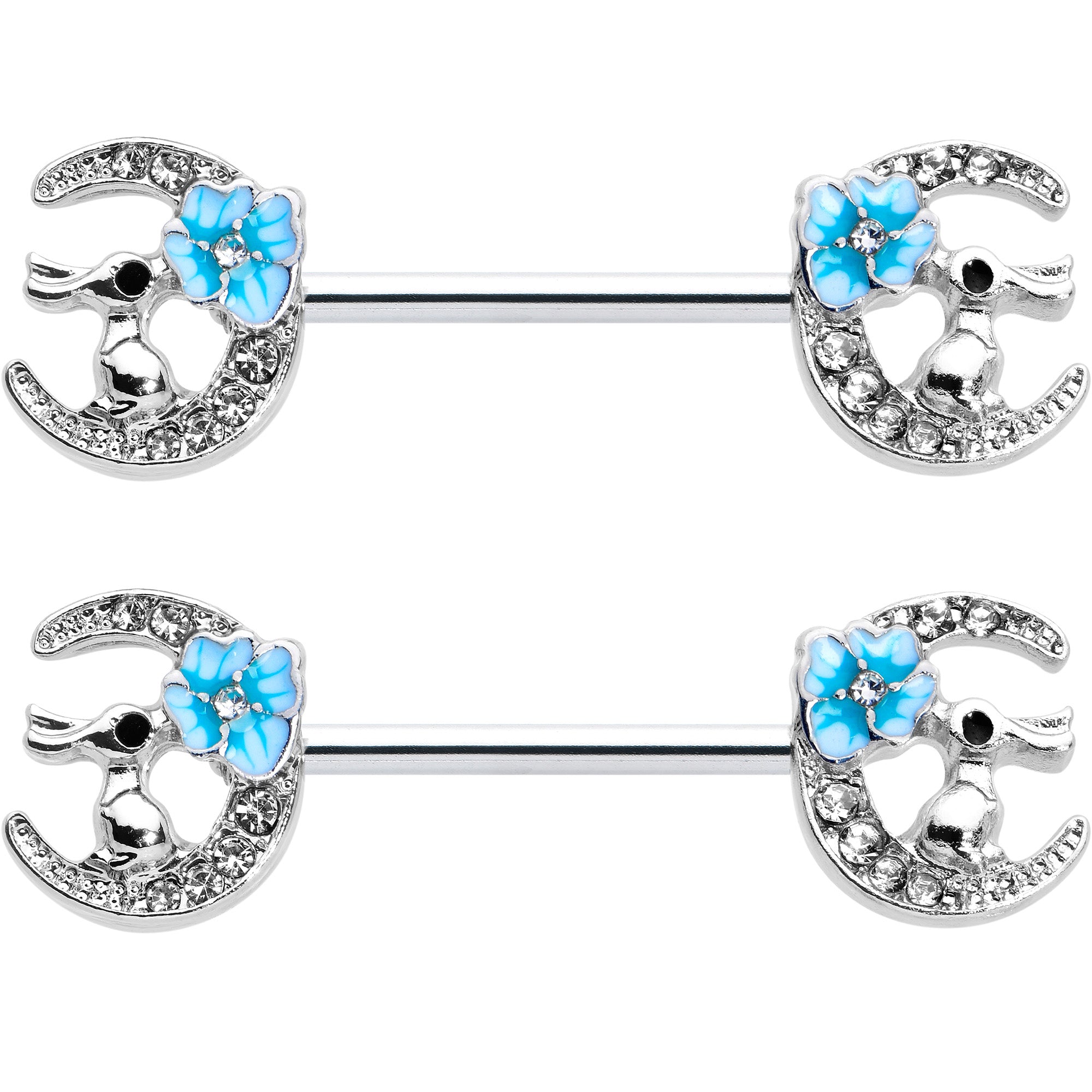 14G 9/16 Clear Gem Rabbit On Moon Flower Blue Nipple Ring Set