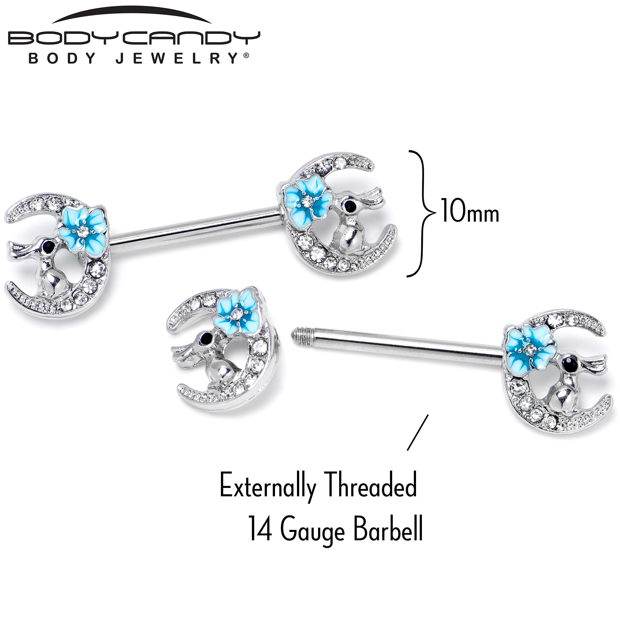 14G 9/16 Clear Gem Rabbit On Moon Flower Blue Nipple Ring Set