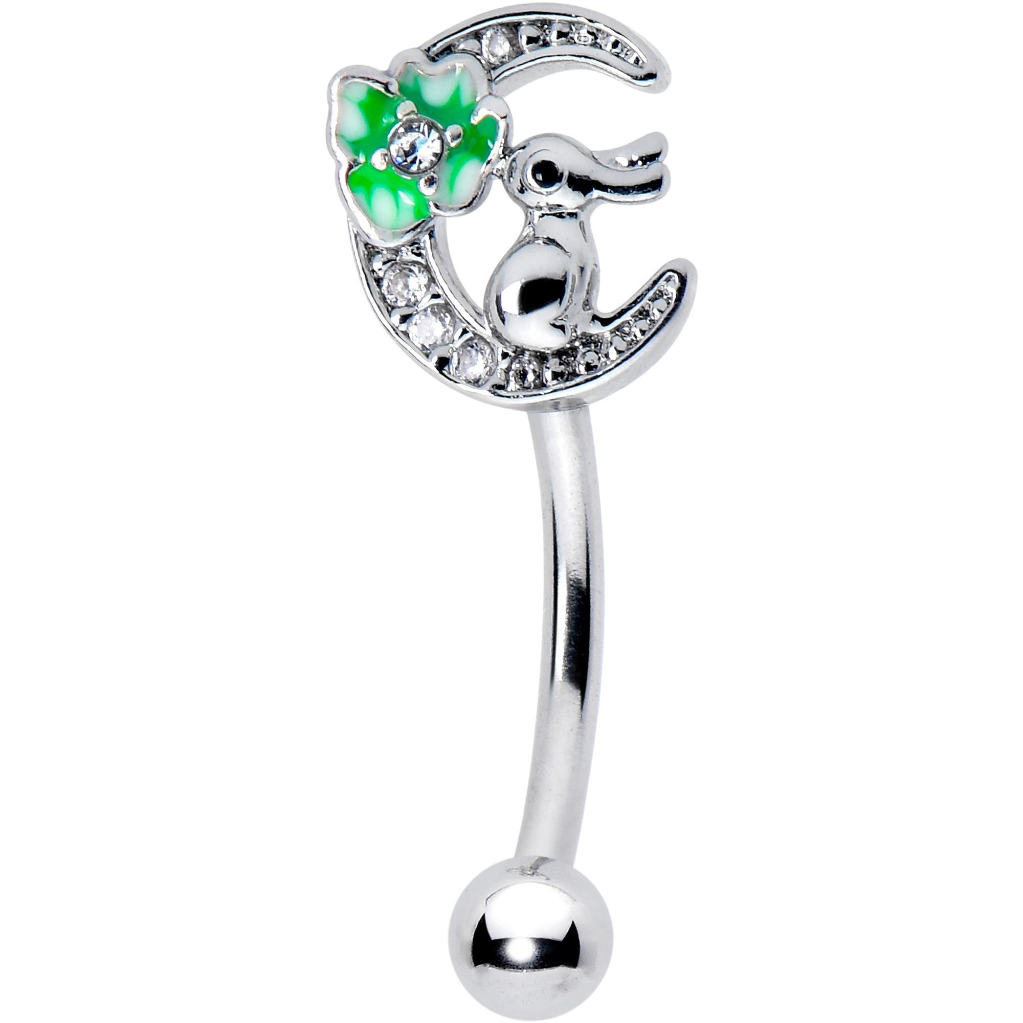 16G 5/16 Clear CZ Gem Rabbit On The Moon Green Curved Eyebrow Ring